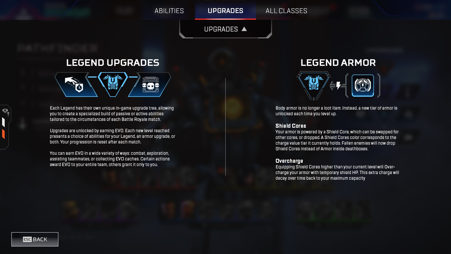 Snímek obrazovky Apex Legends s podrobnostmi o novém systému vylepšování legend