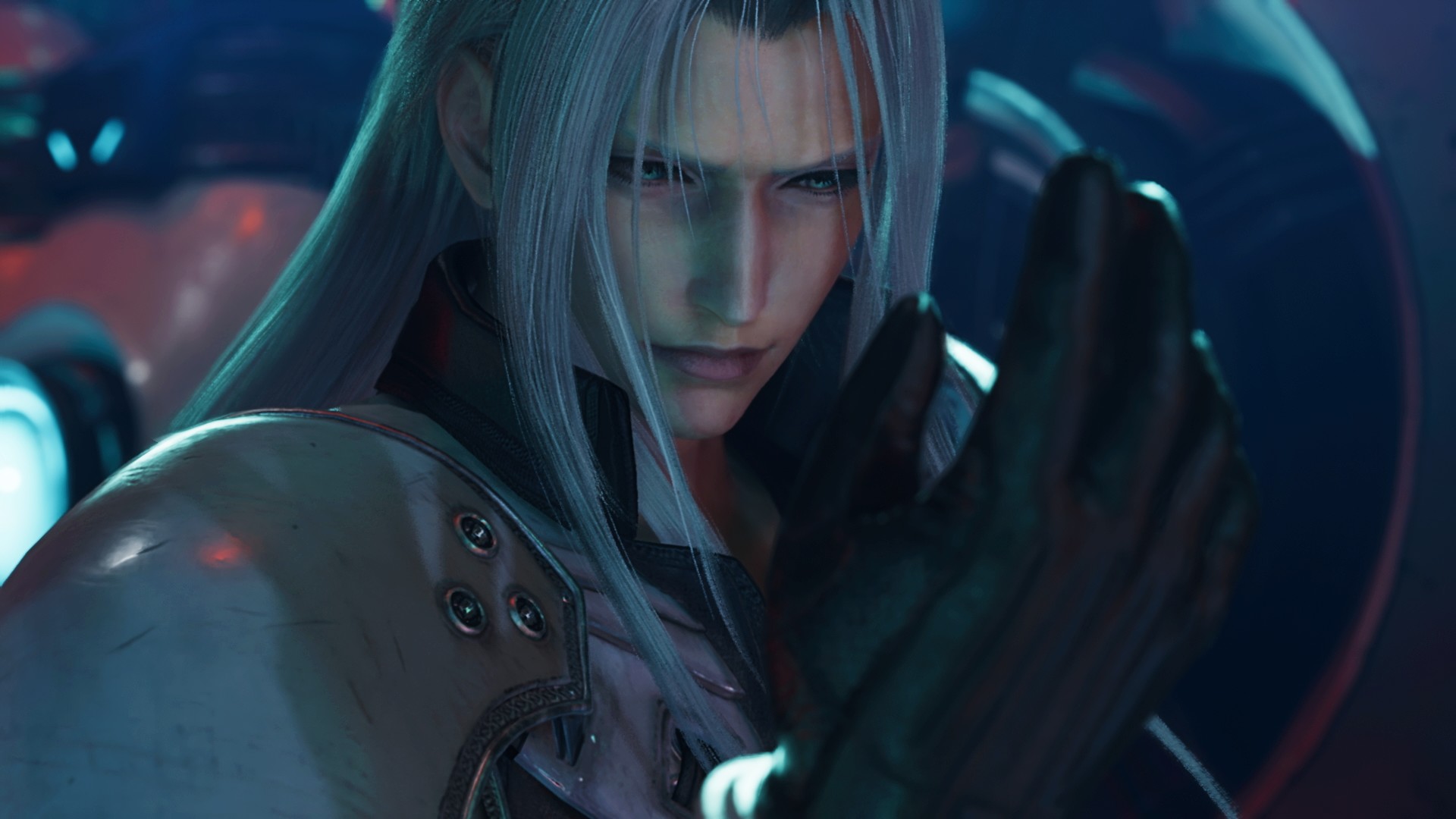 Sephiroth di Final Fantasy 7 Rebirth che si guarda la mano in contemplazione