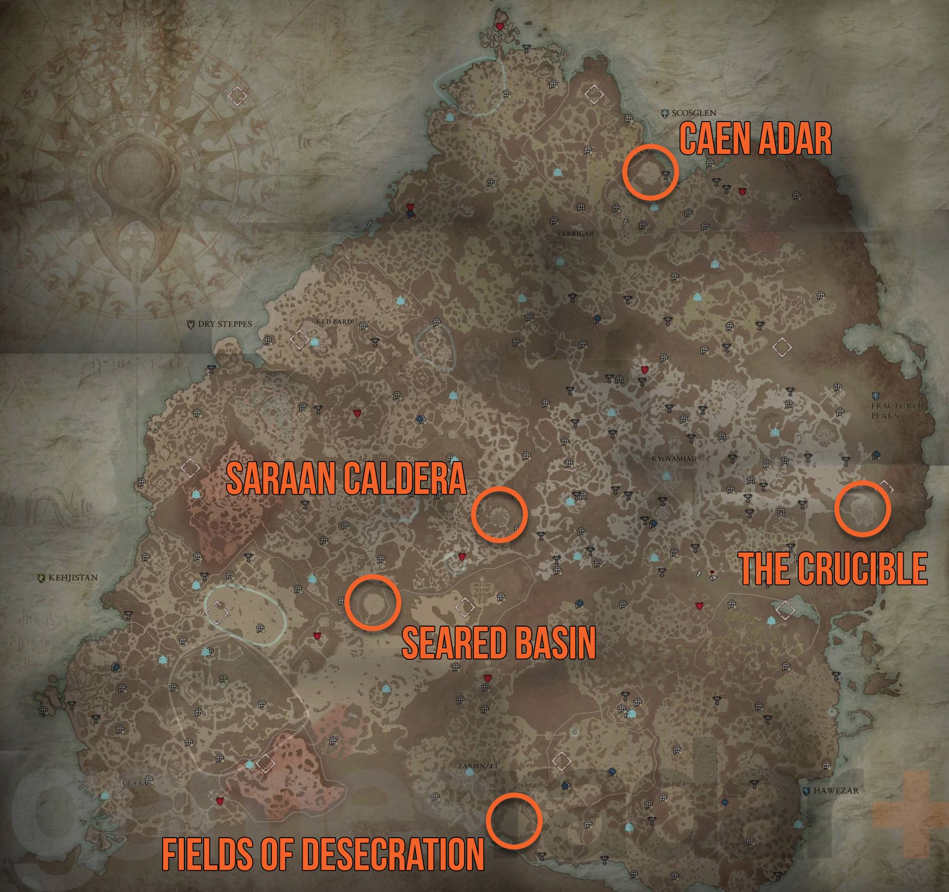 Diablo 4 Světové arény s bossy vyznačené na mapě