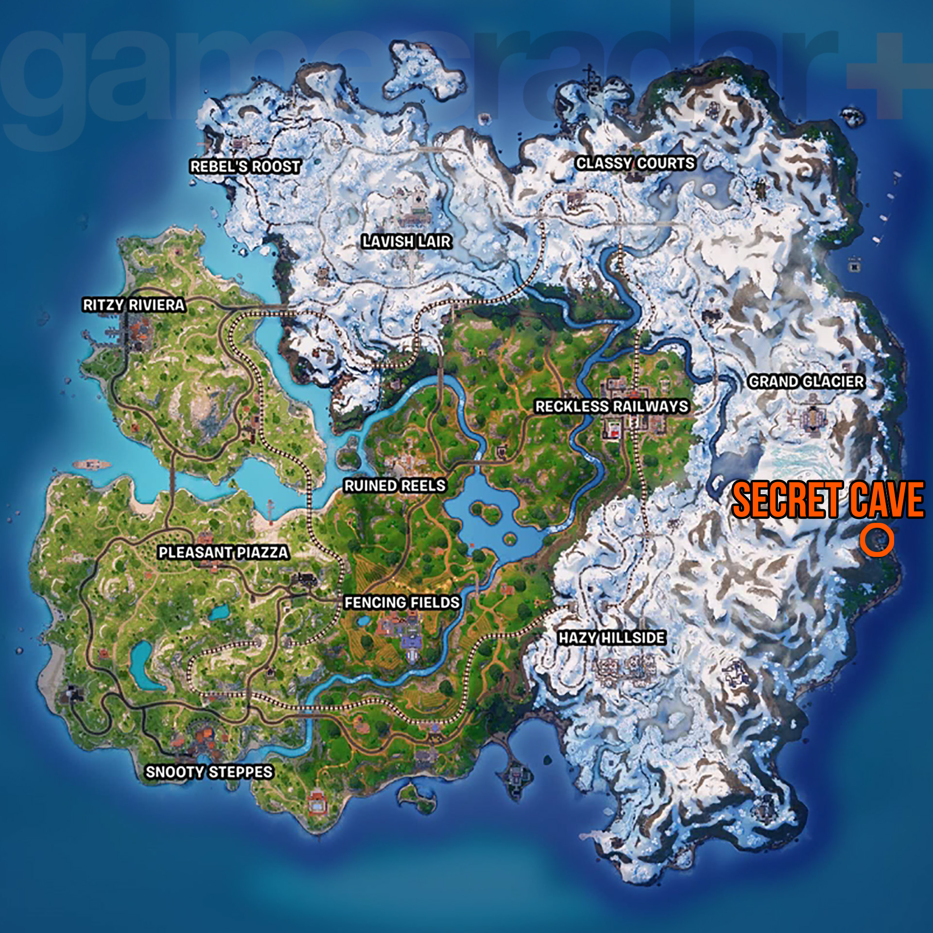 Localisation de la Grotte secrète de Fortnite sur la carte