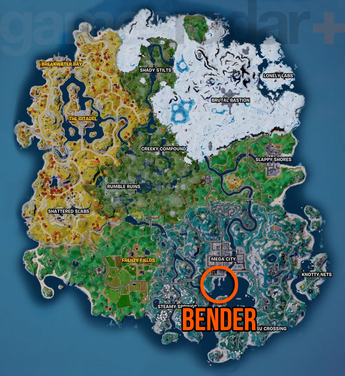 Где найти Бендера в Fortnite показано на карте.