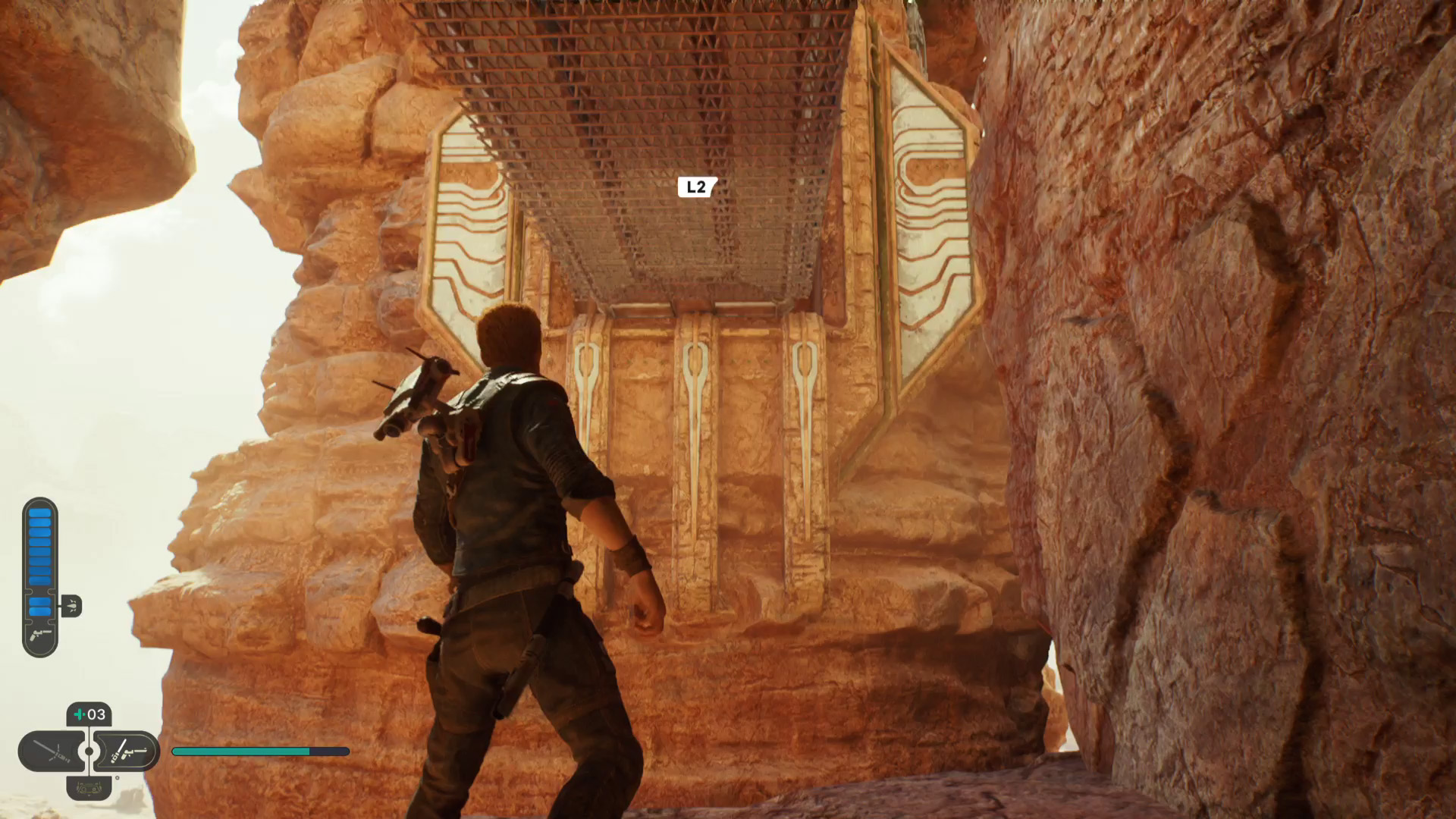 Star Wars Jedi Survivor Jedha läpivienti metallilohko, jossa on kiipeilyritilä