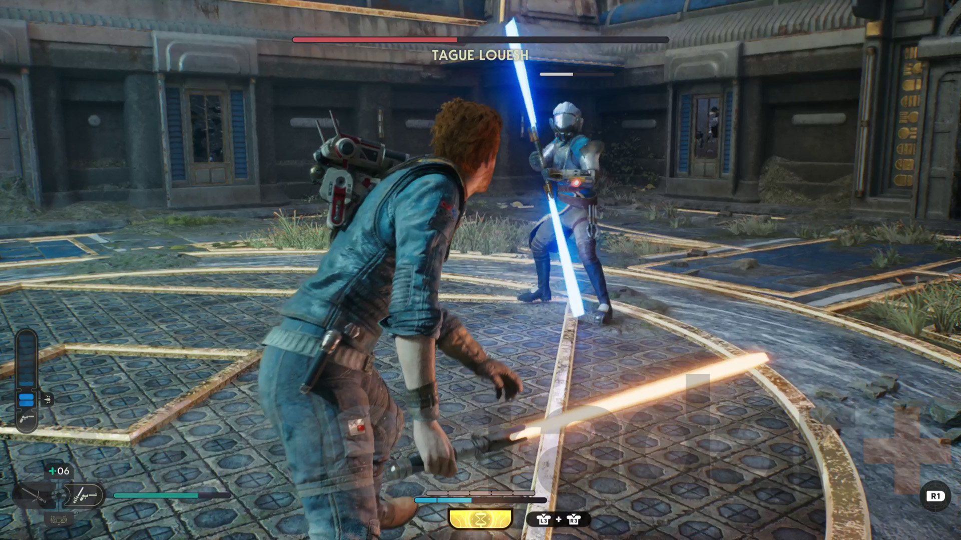 Star Wars Jedi Survivor Koboh walkthrough research tanalorr Cal bojuje s nájezdníkem se světelným mečem jménem Tague Louesh.