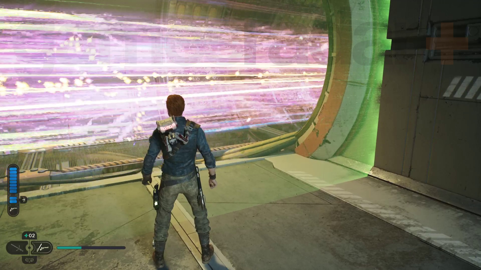 Star Wars Jedi Survivor Shattered Moon läpikäynti Cal seisoo vihreän laseresteen takana, kun säde ampuu...