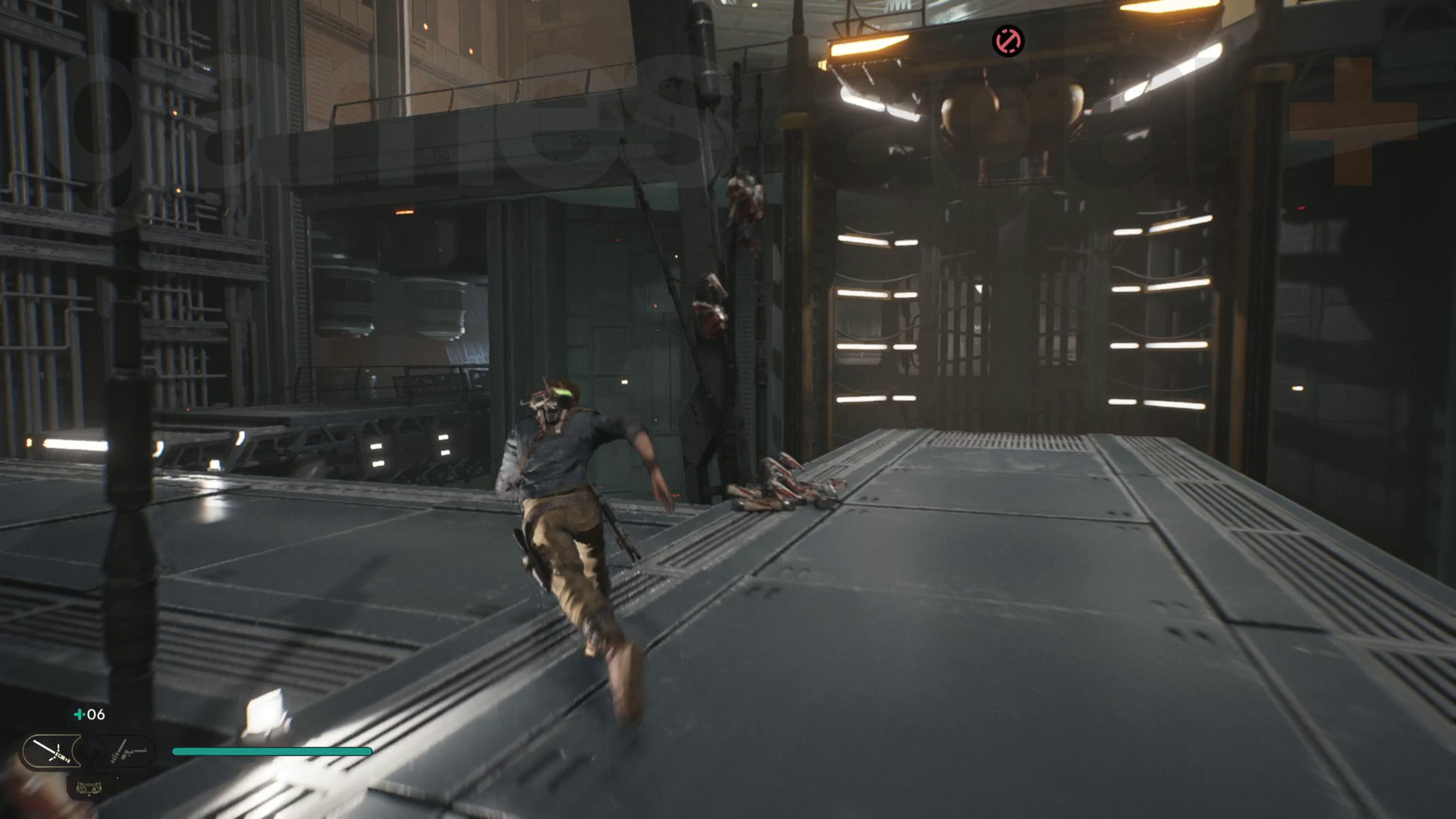 Star Wars Jedi Survivor Koboh Lucrehulk läpikäynti Cal juoksee vasenta polkua pitkin Lucrehulkin ytimessä.