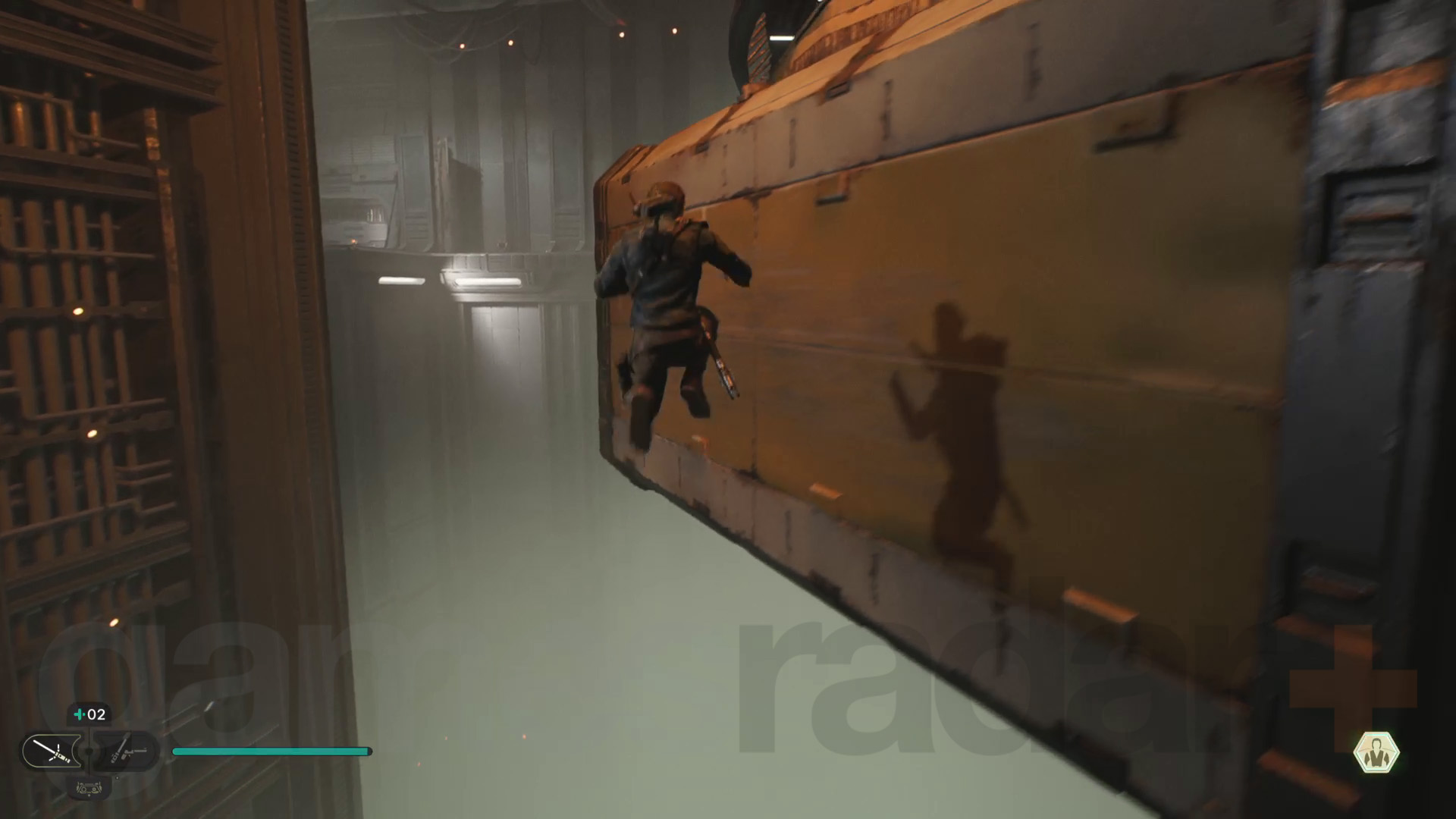 Star Wars Jedi Survivor Koboh Lucrehulk walkthrough Cal běží po stěně podél kontejneru pohybujícího se po trati