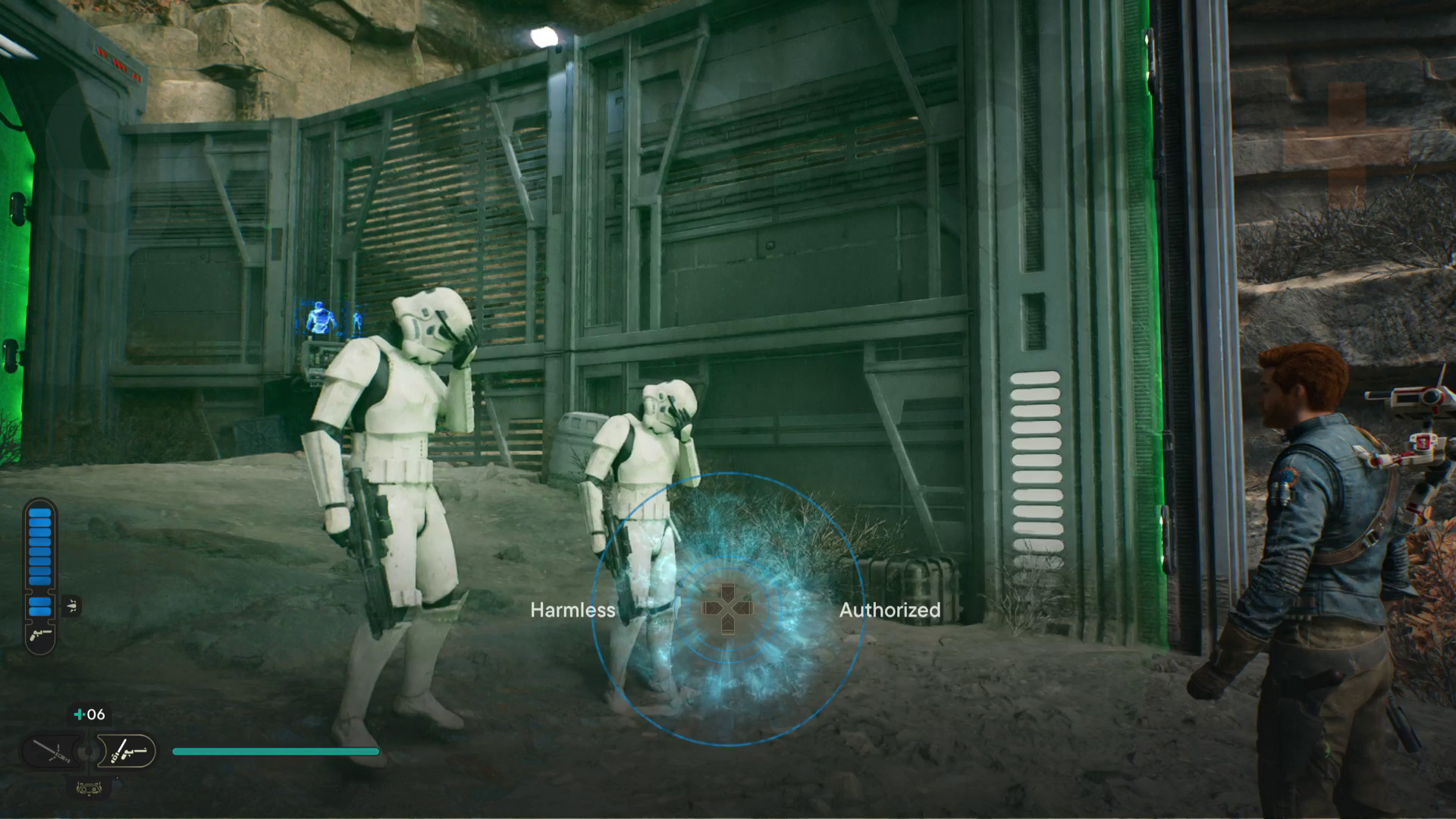 Star Wars Jedi Survivor Koboh läpivienti Cal tekee mielitempun kahdelle stormtroopperille vihreän laseresteen takana.