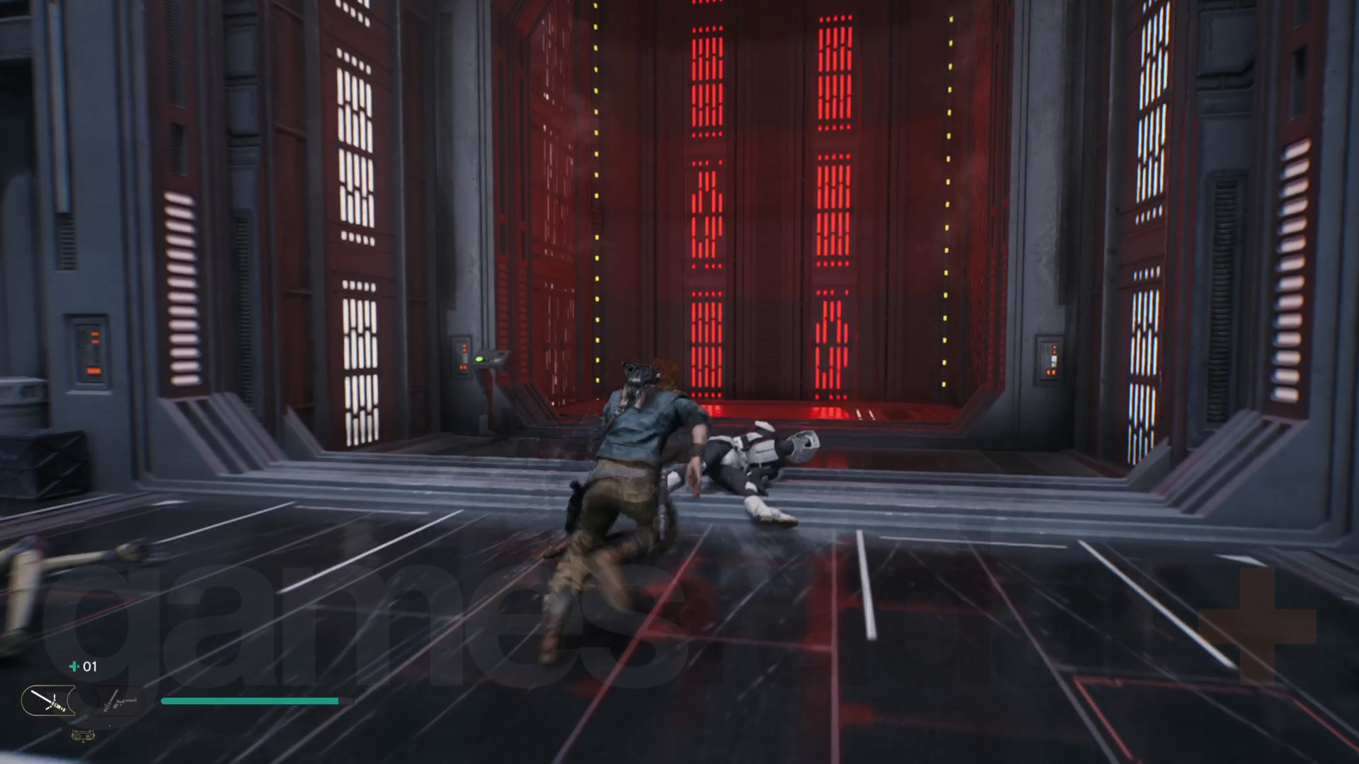 Războiul Stelelor Jedi Survivor Koboh walkthrough lift cu lumini roșii în baza imperială
