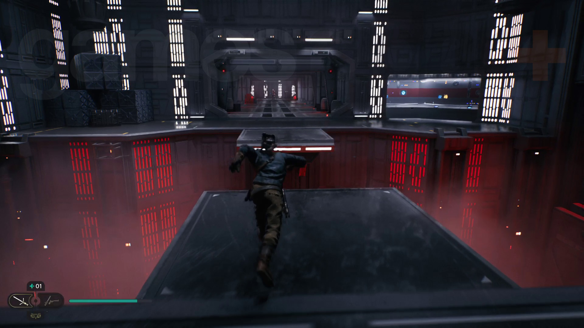 Star Wars Jedi Survivor Koboh walkthrough pasillo de base imperial con scout trooper al final del mismo