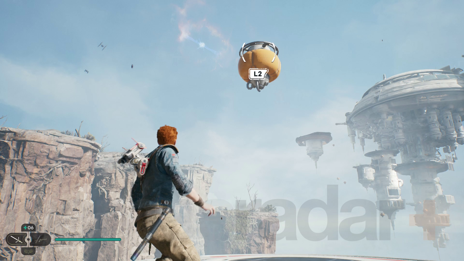Star Wars Jedi Survivor Koboh walkthrough Cal lanzando un globo en una aguja de roca cerca del observatorio