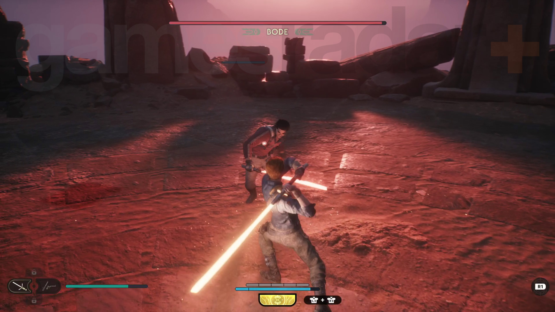 Star Wars Jedi Survivor Jedha walkthrough Cal taistelee Bodea vastaan, jolla on nyt punainen valomiekka.