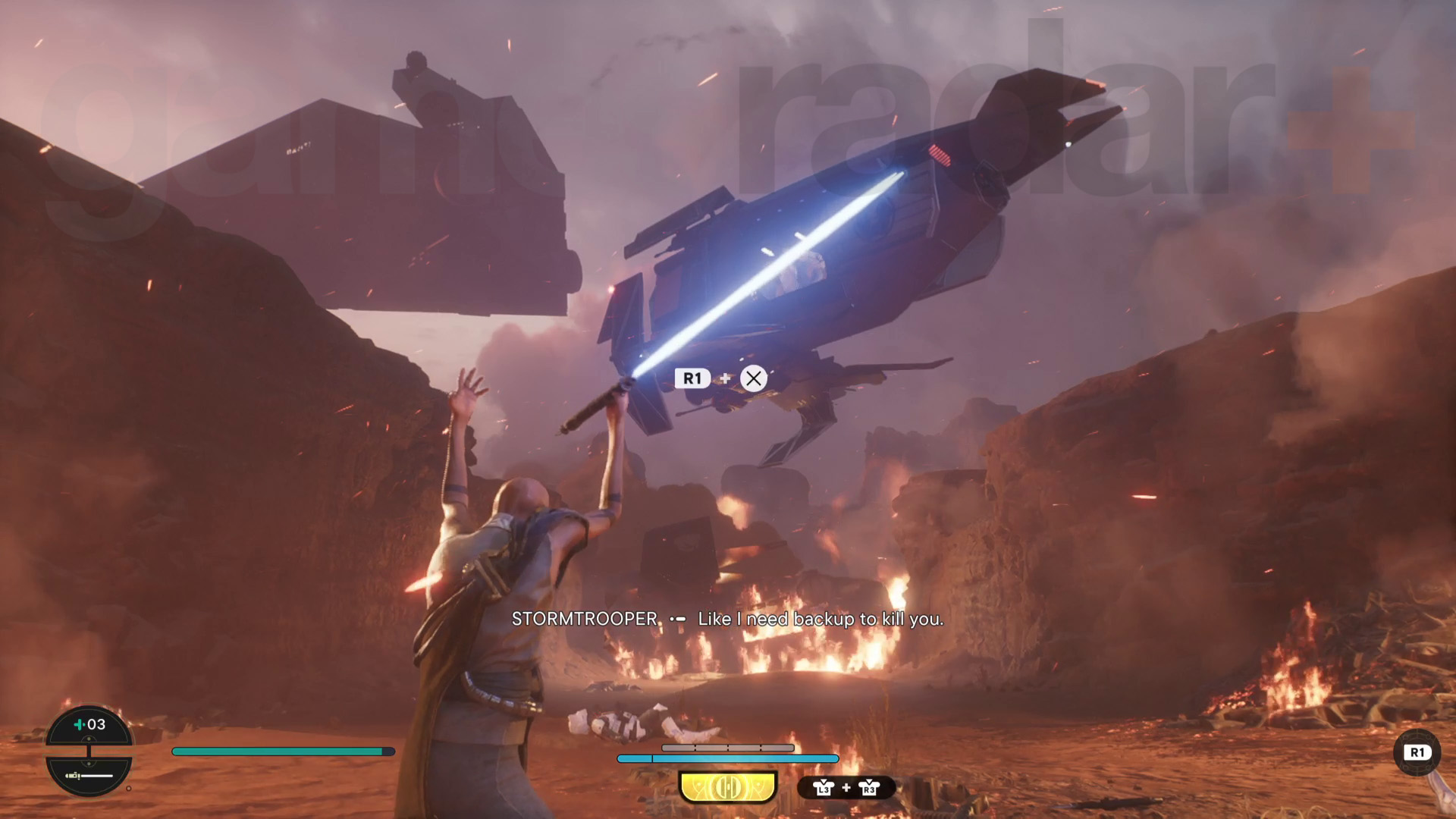 Star Wars Jedi Survivor Jedha walkthrough Cere bojuje v poušti a chystá se silou zarazit imperiální výsadkovou loď do písku
