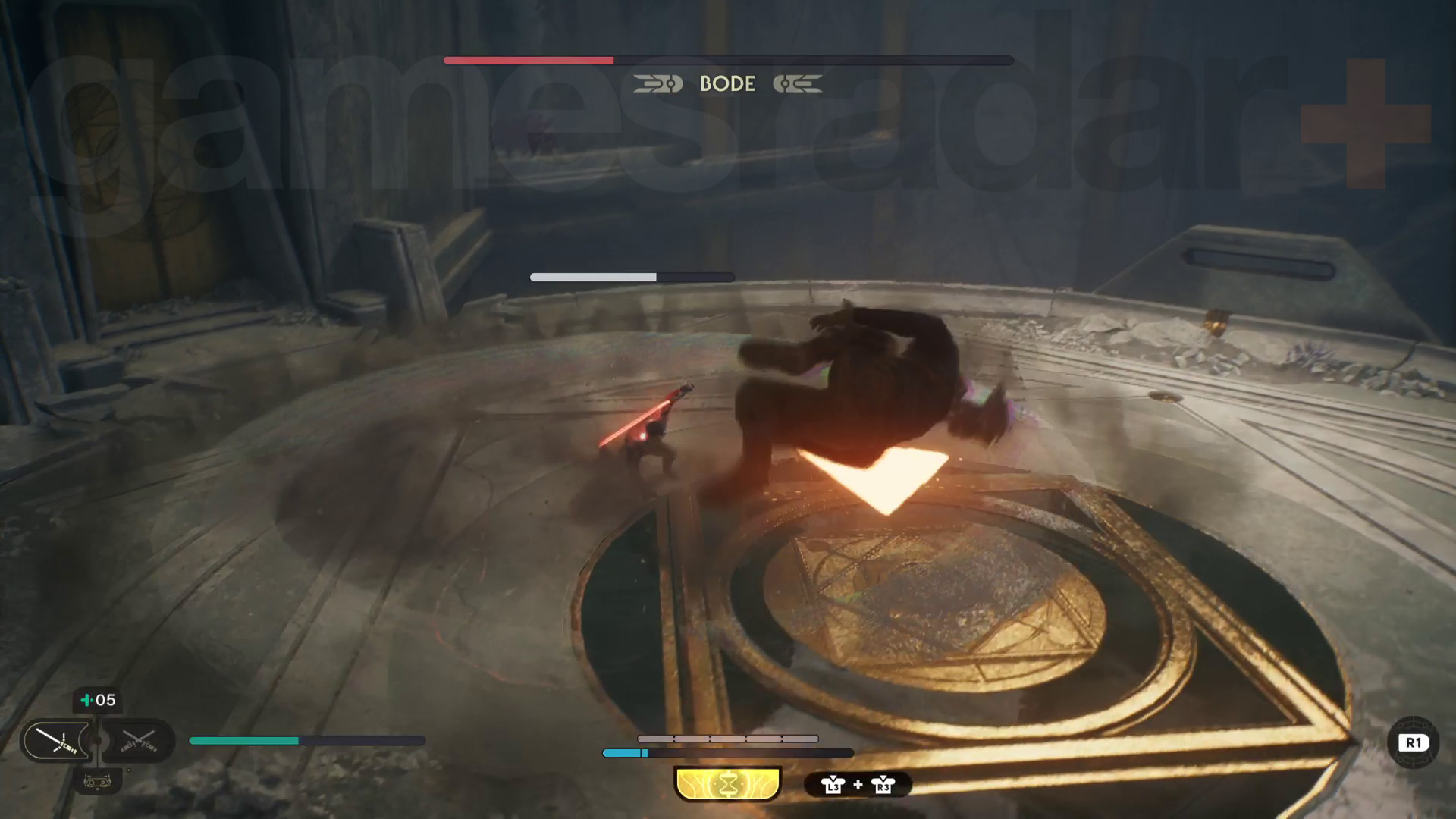 Star Wars Jedi Survivor Tanalorr walkthrough Cal saltando sobre uno de los ataques de onda expansiva de Bode