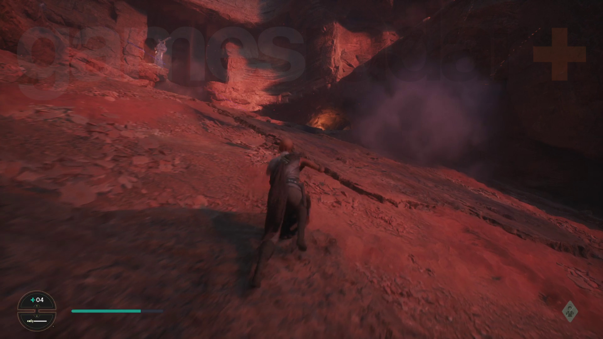 Star Wars Jedi Survivor Jedha průchod Cere šplhající na kopec z volného písku a kamení Síla.