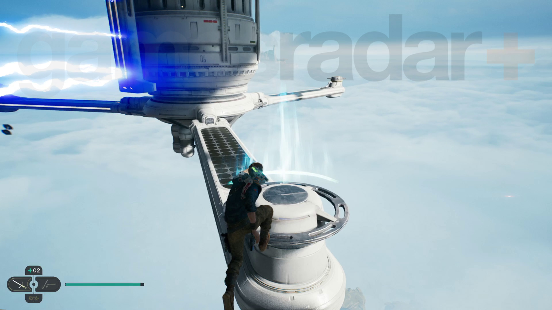 Star Wars Jedi Survivor Koboh observatoř průchod Cal skáče z turbíny, aby se vyhnul elektrickému plotu