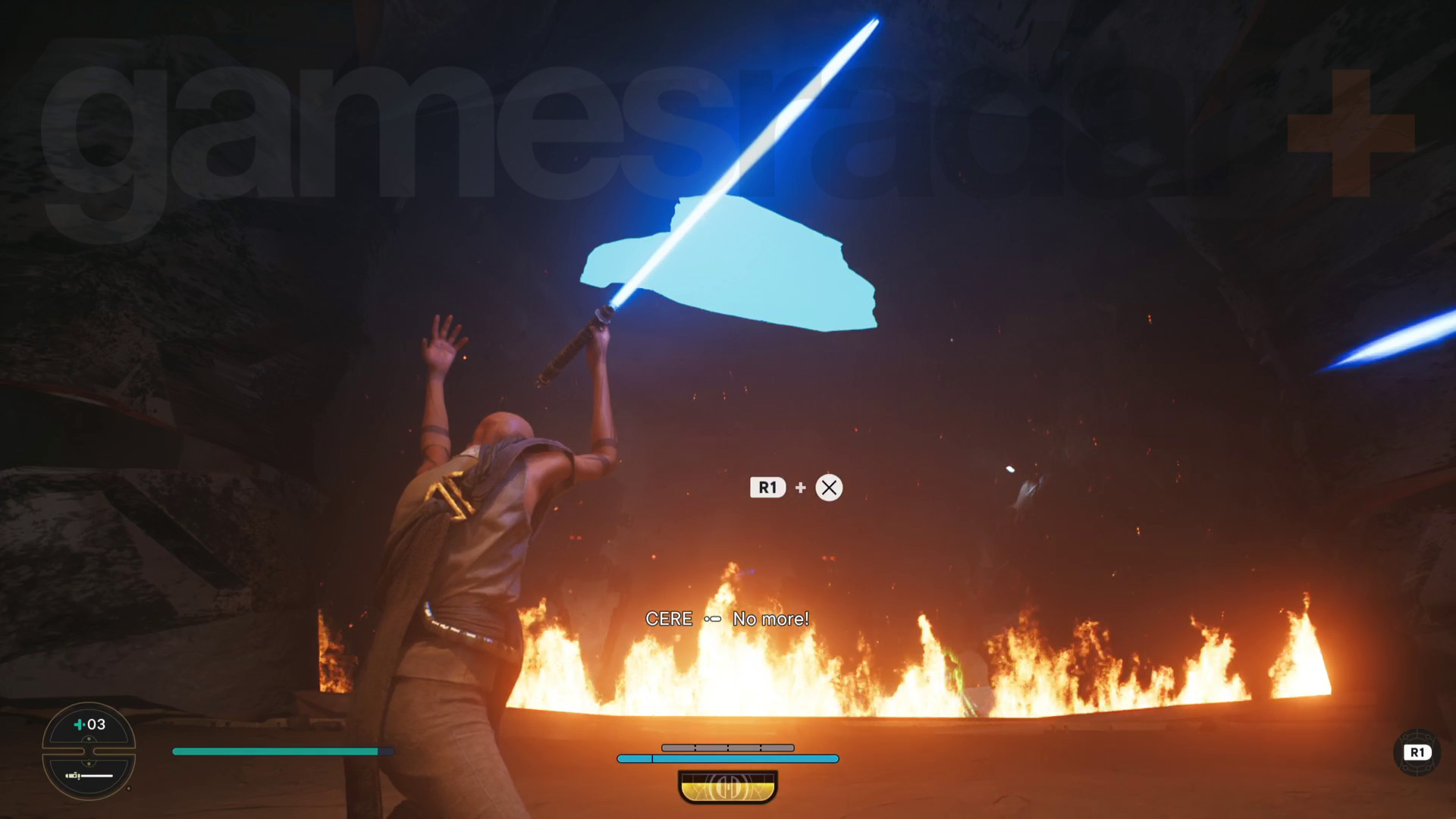 Star Wars Jedi Survivor Jedha gjennomgang Cal svinger seg i tauet til en ødelagt bue