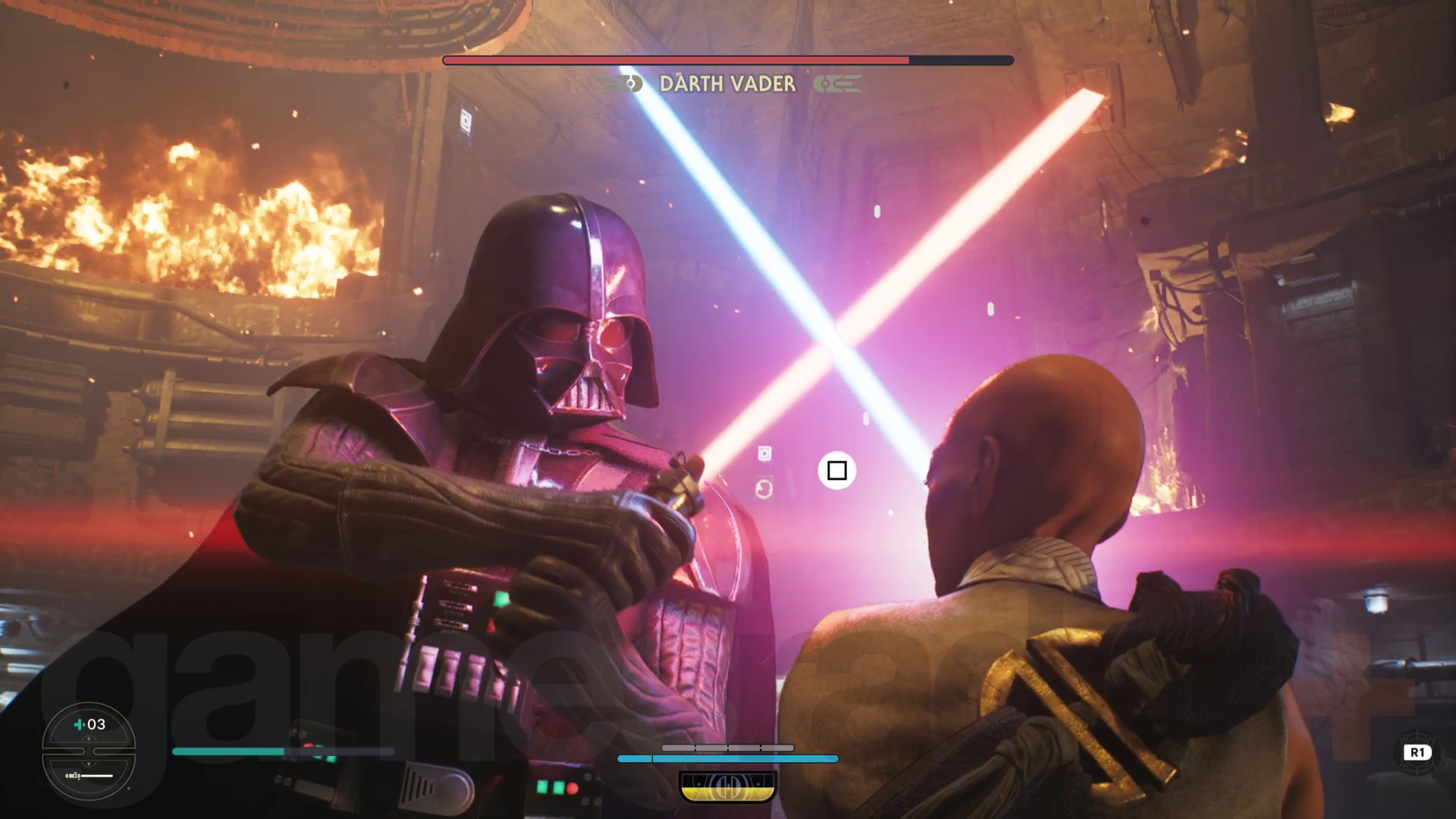 Star Wars Jedi Survivor Jedha läpivienti Cere ja Darth Vader valosapelien yhteenotossa.