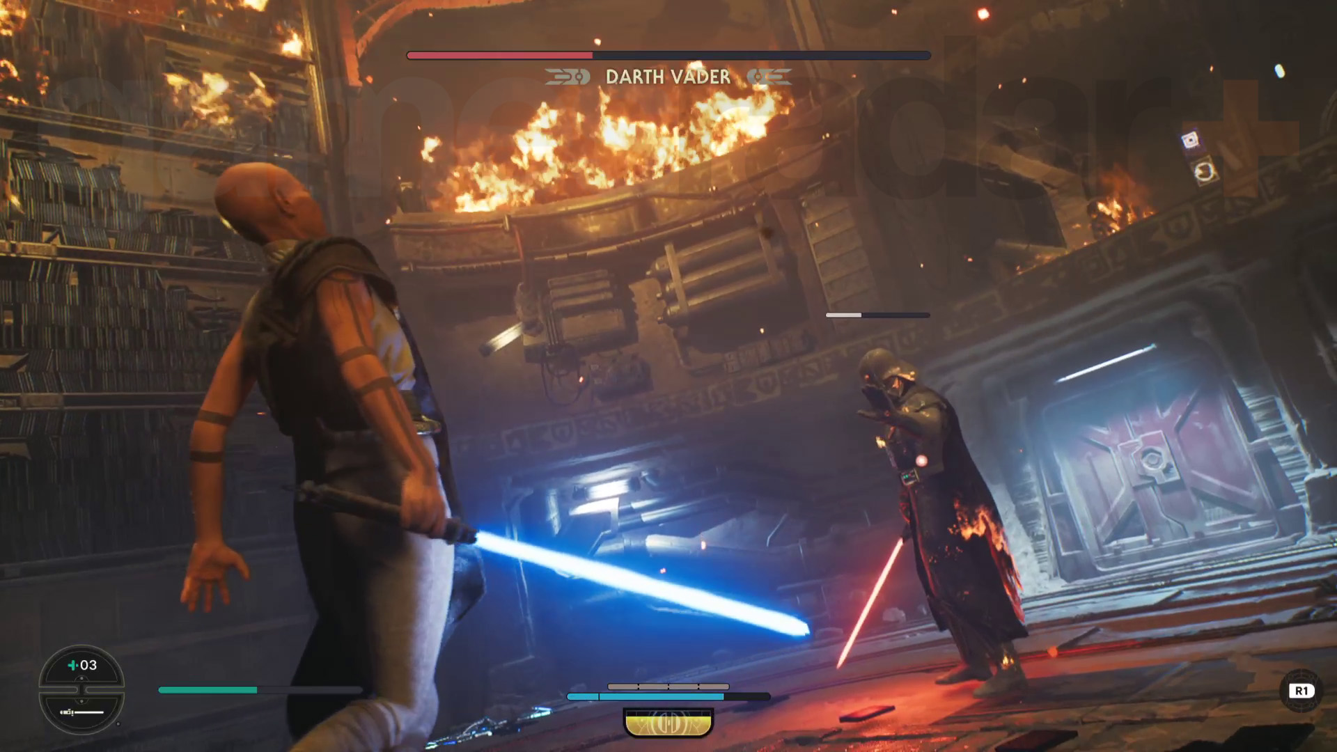 Star Wars Jedi Survivor Jedha läpikäynti Cere joutuu Darth Vaderin voimakouriin.