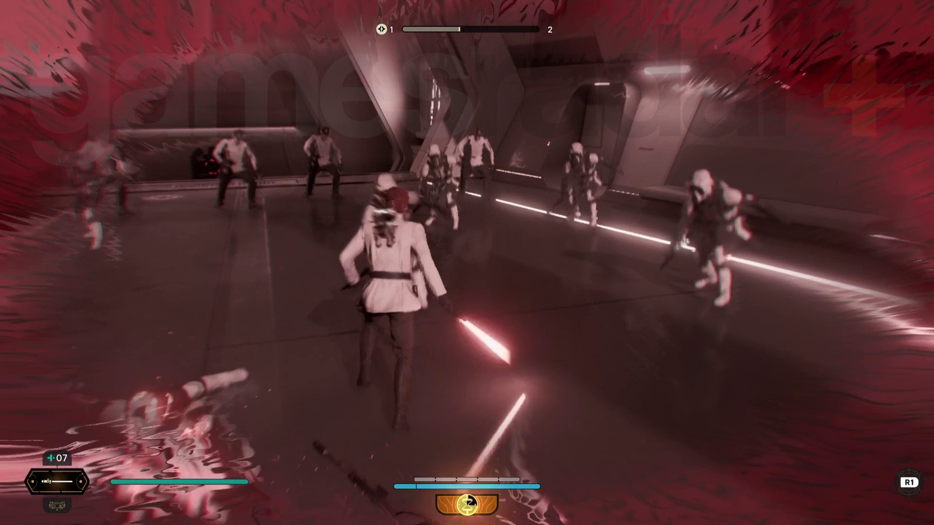 حرب النجوم Jedi الناجية نوفا غارون تجول في كال باستخدام قدرة الغضب على قتل جنود الكشافة ، وتصبغ الشاشة باللون الأحمر