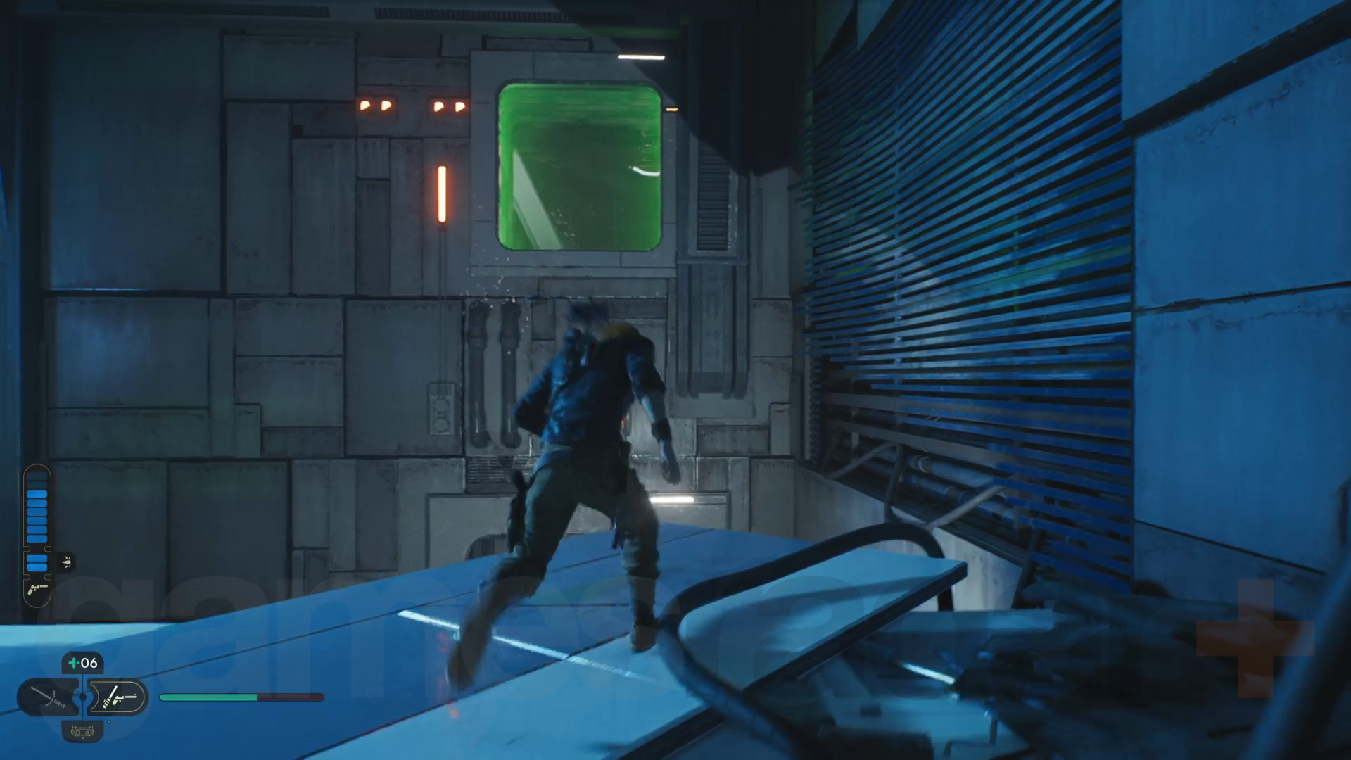 Star Wars Jedi Survivor Koboh Lucrehulk läpivienti Cal katselee vihreää laser-estettä...