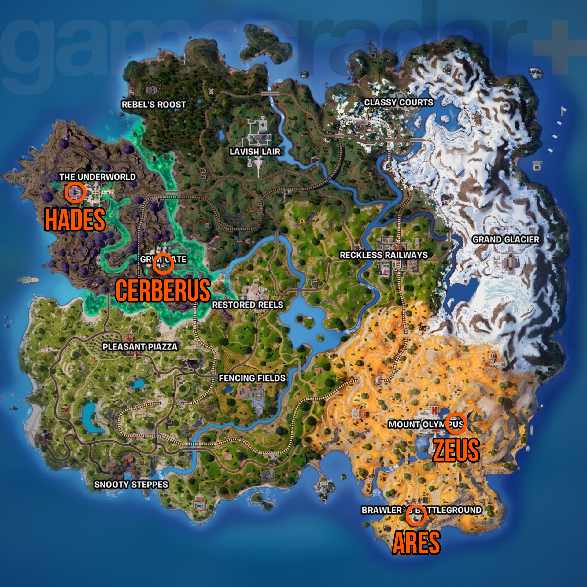 Mapa de localização do Aspeto dos Deuses do Fortnite