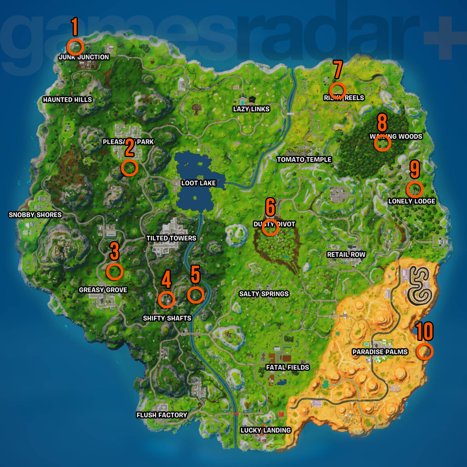 Mapa de localização dos Gnomos do Fortnite na Temporada OG