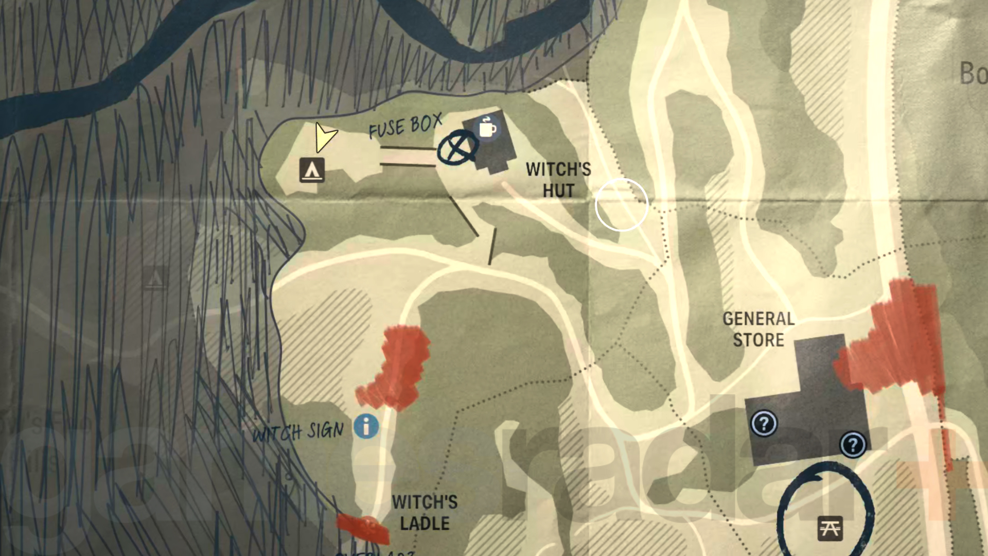 Cabana da Bruxa de Alan Wake 2 no mapa do Lago do Caldeirão