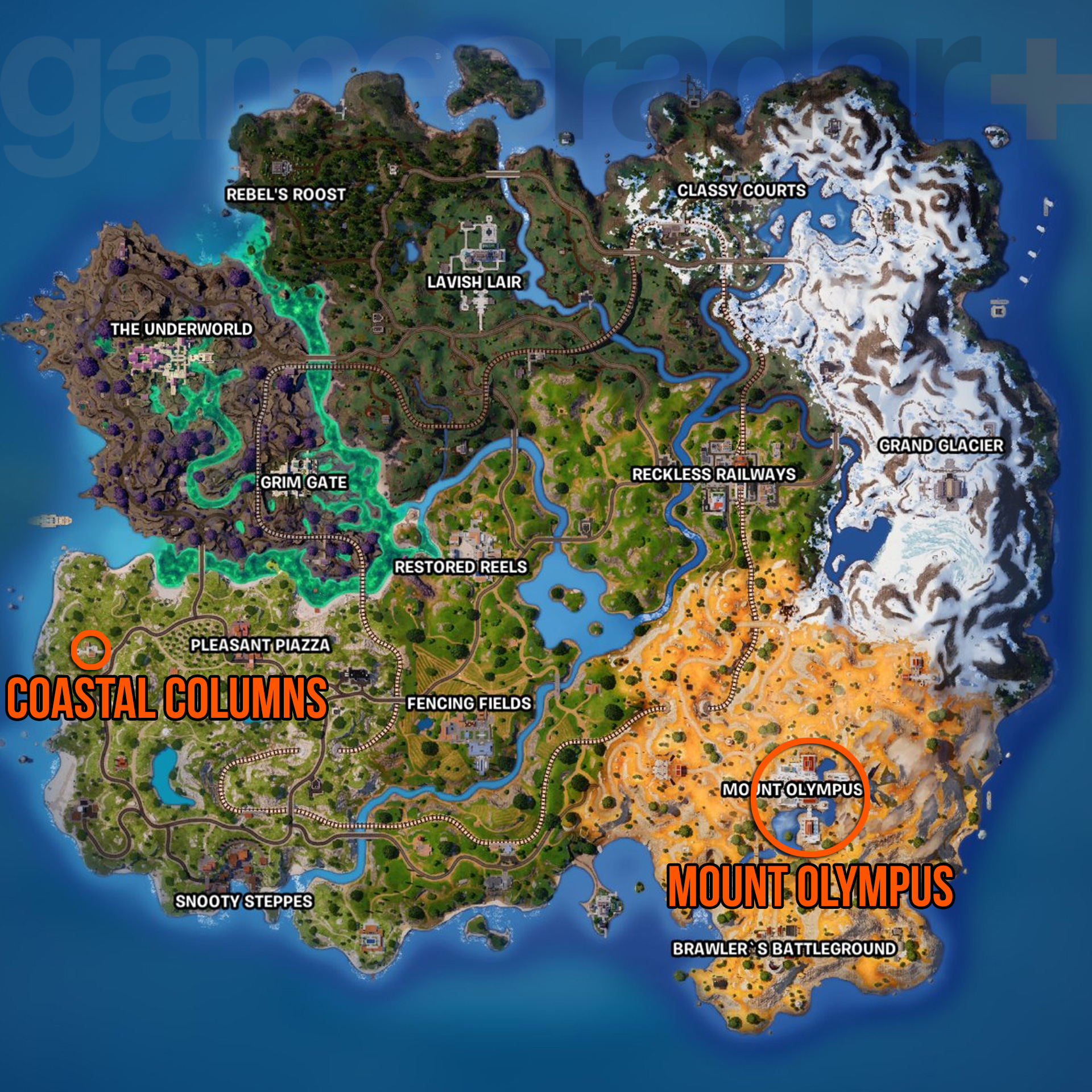 Localização das Colunas Costeiras de Fortnite no mapa