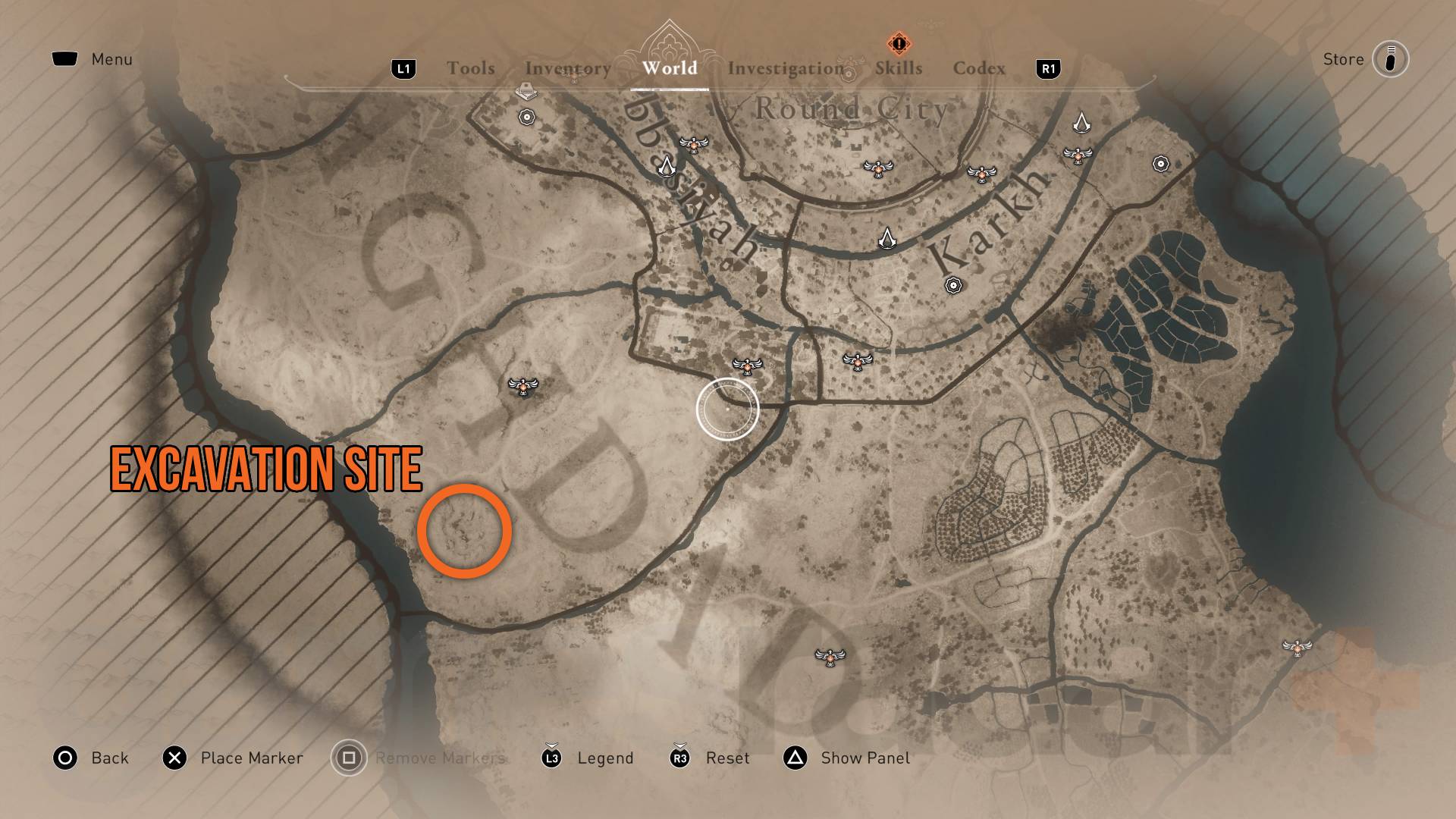 Místo vykopávek Assassin's Creed Mirage vyznačené na mapě Bagdádu