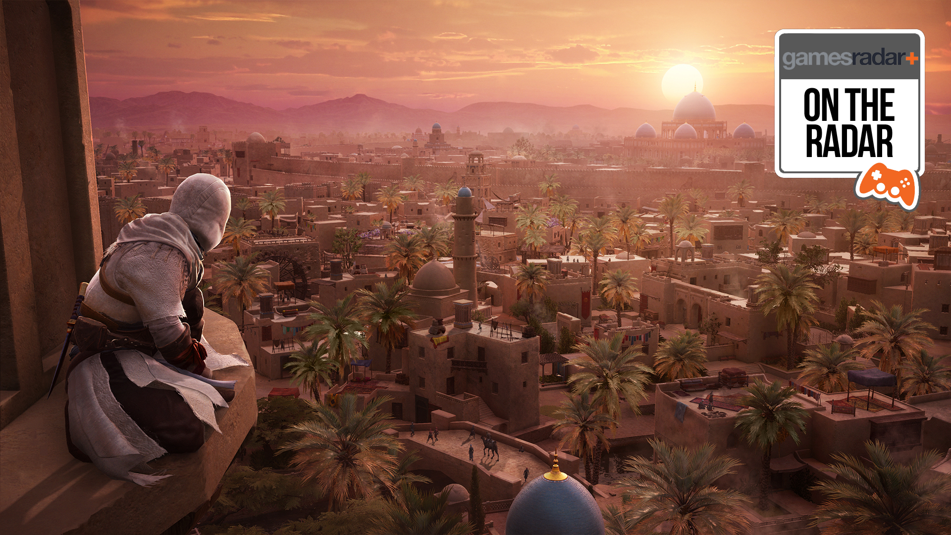 Basim a olhar para um pôr do sol em Bagdade em Assassin's Creed Mirage