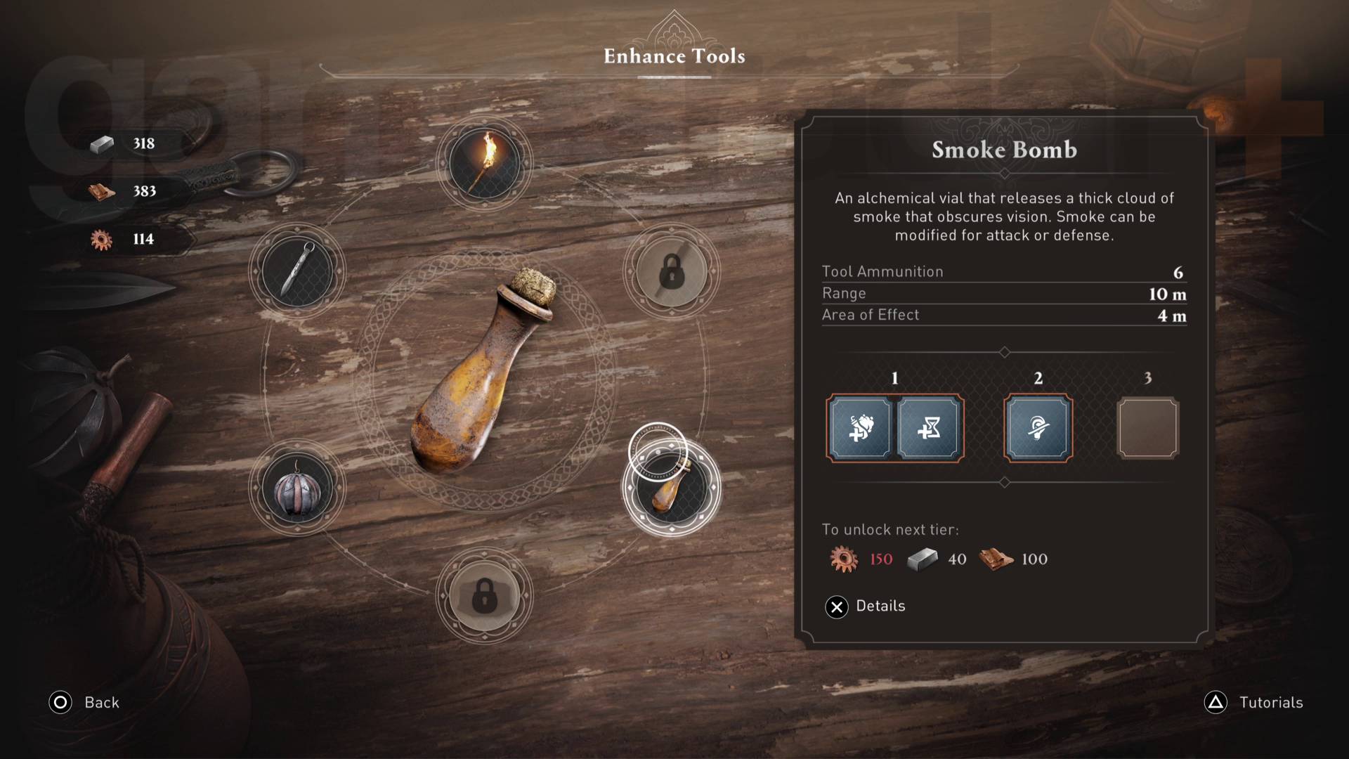 Assassin's Creed Mirage - astuces Bombe fumigène - menu outils