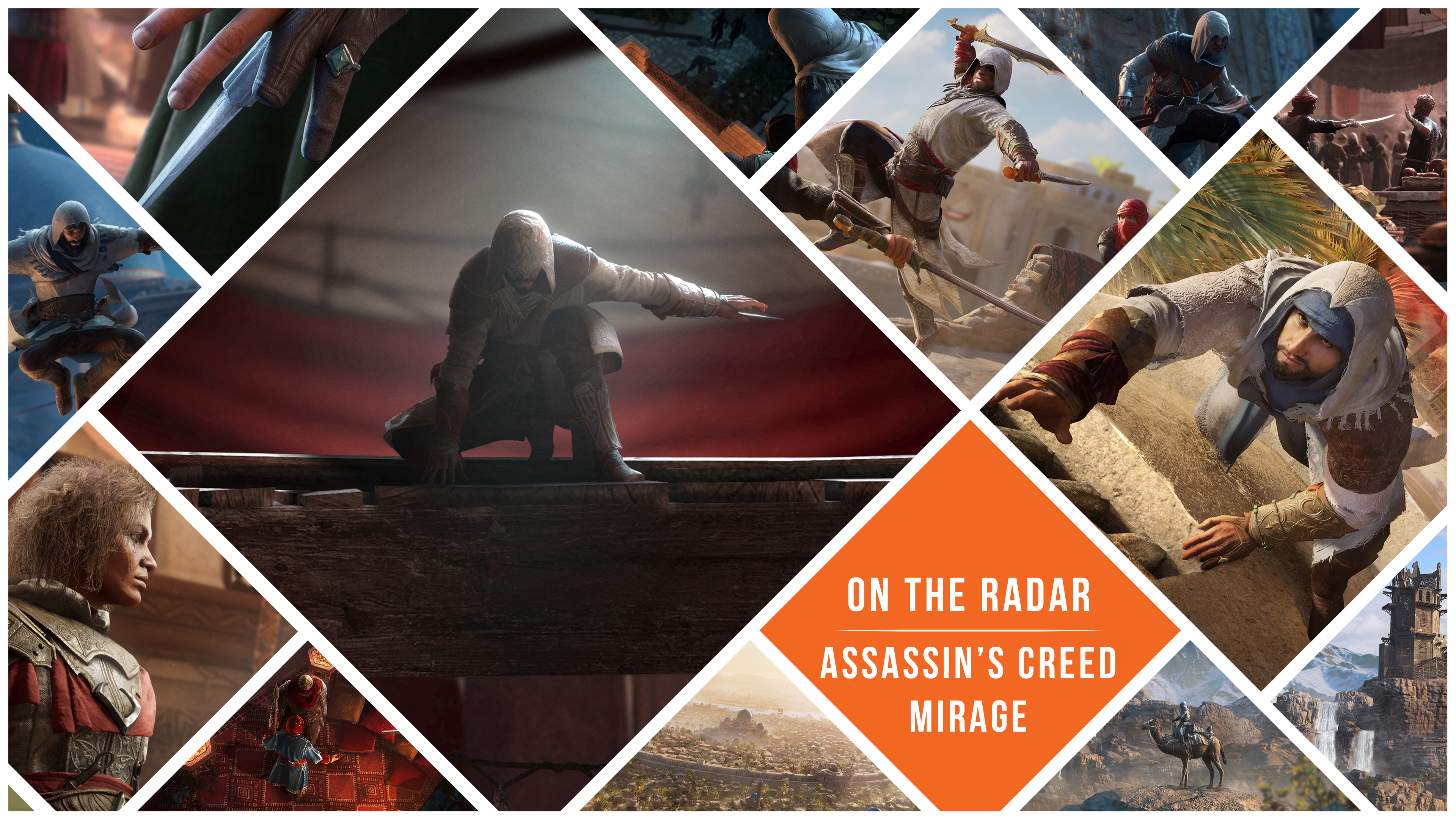 GamesRadar+'s 'On the Radar' Hub Header-Bild für Assassin's Creed Mirage, mit einer Reihe von Screenshots von Bagdad, Held Basim, seinem Mentor Roshan und anderen Charakteren.