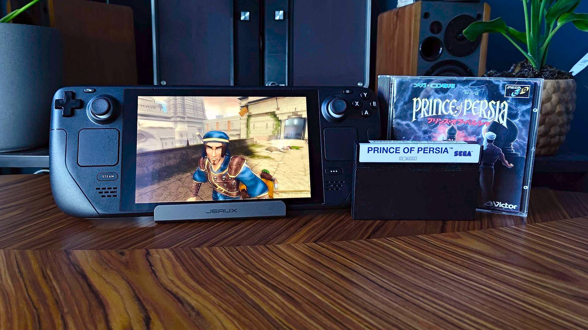 Prince of Persia: Sands of Time spuštěný na Steam Decku vedle kopií originálu na Sega CD a Master Systemu