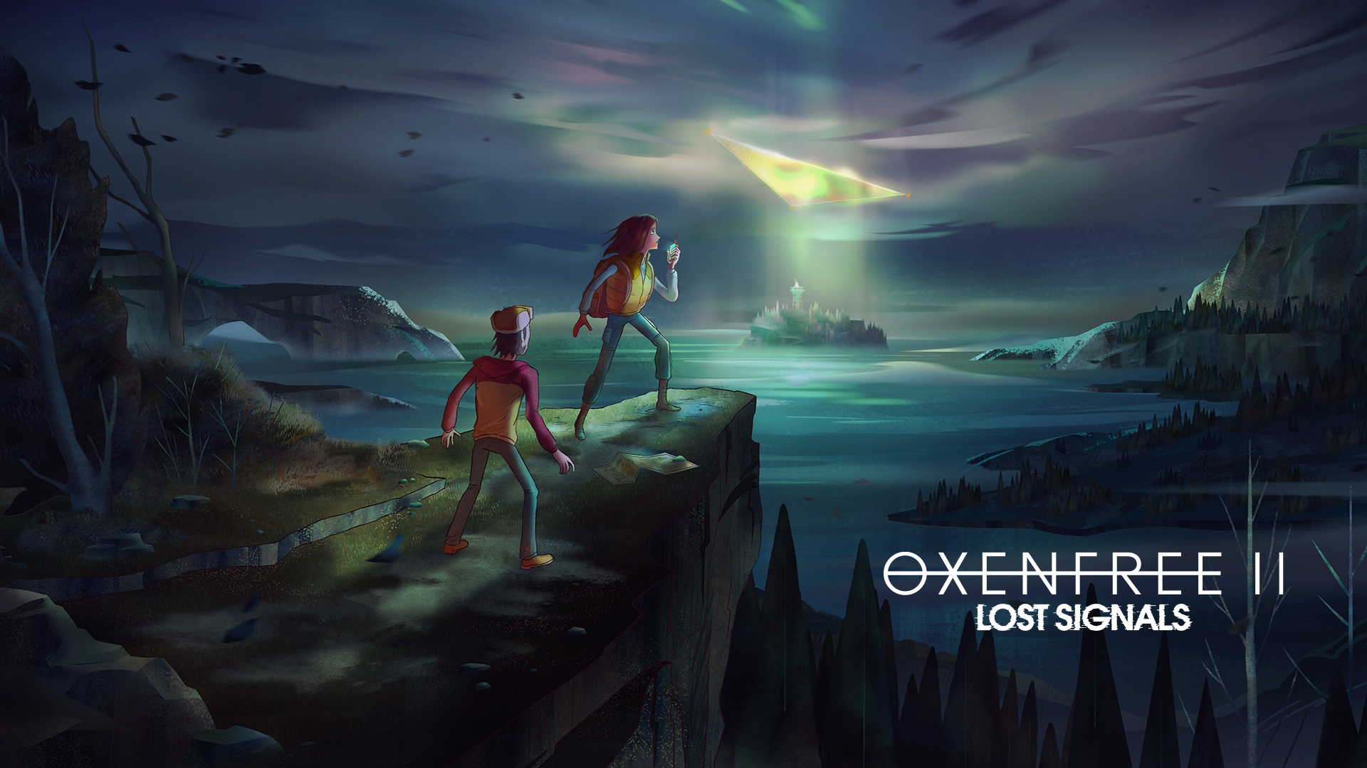 Das Hauptmotiv von Oxenfree 2 zeigt die Protagonisten Riley und Jacob auf einer Klippe mit Blick auf Edwards Island und einem Portal darüber