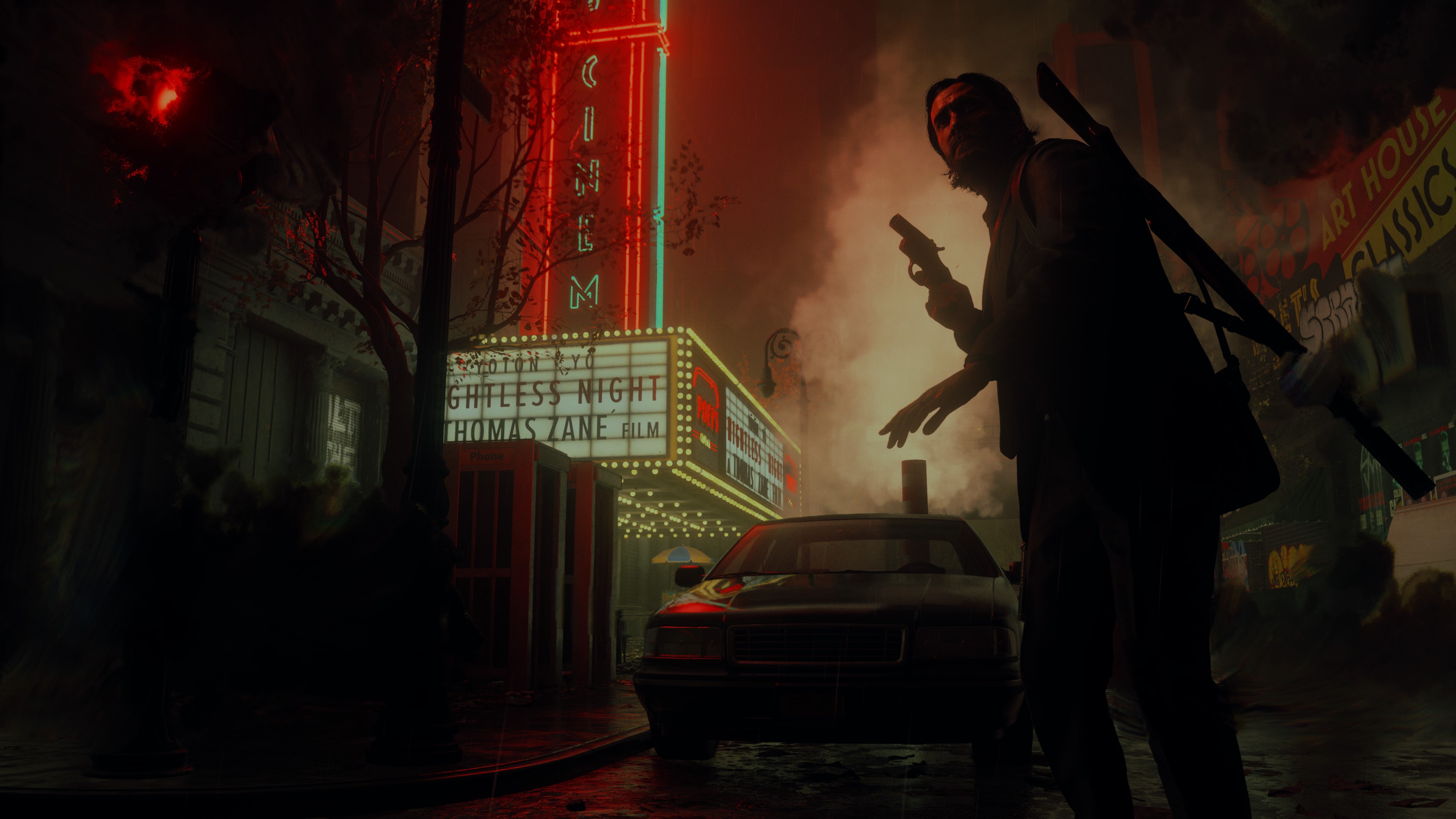 Capture d'écran d'Alan Wake 2 montrant Alan Wake explorant l'endroit sombre à l'extérieur d'un cinéma