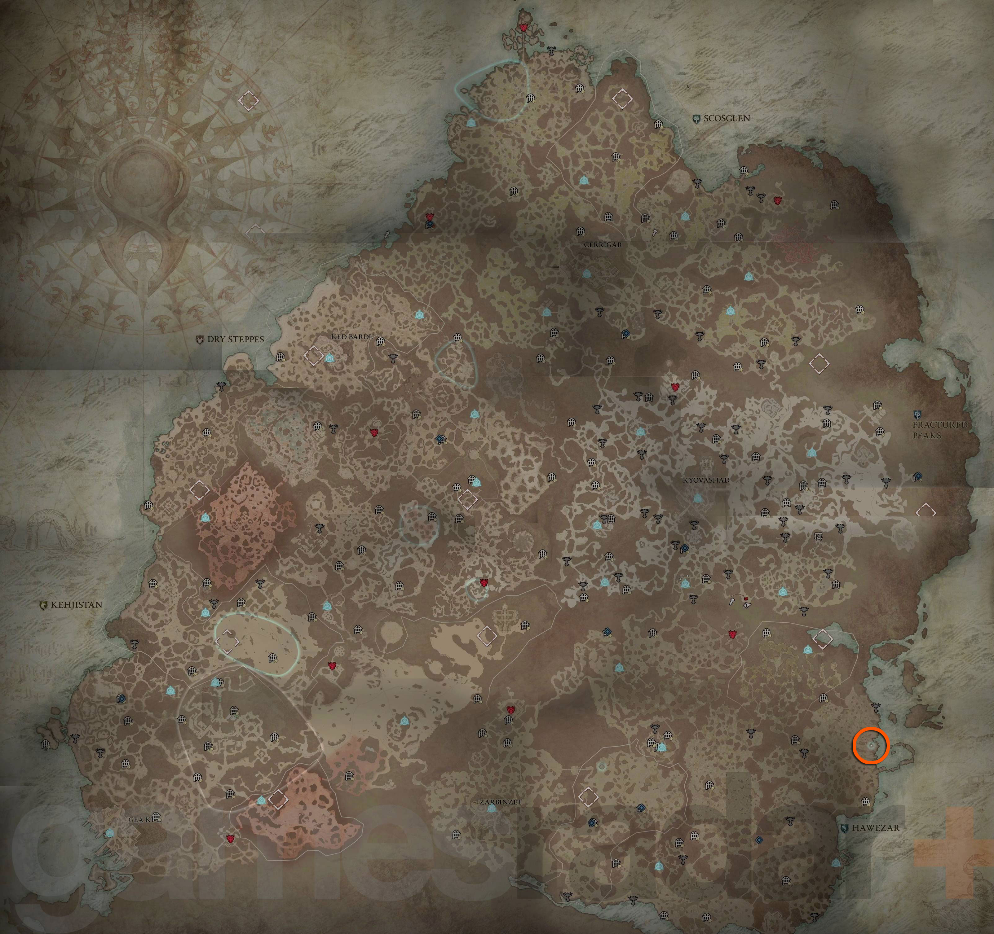 Diablo 4 Traveler's Superstition locatie getoond op de kaart