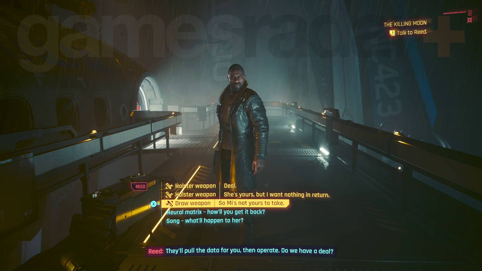 Fin de Cyberpunk 2077 Phantom Liberty option de dialogue pour dégainer l'arme lors de la confrontation avec Reed