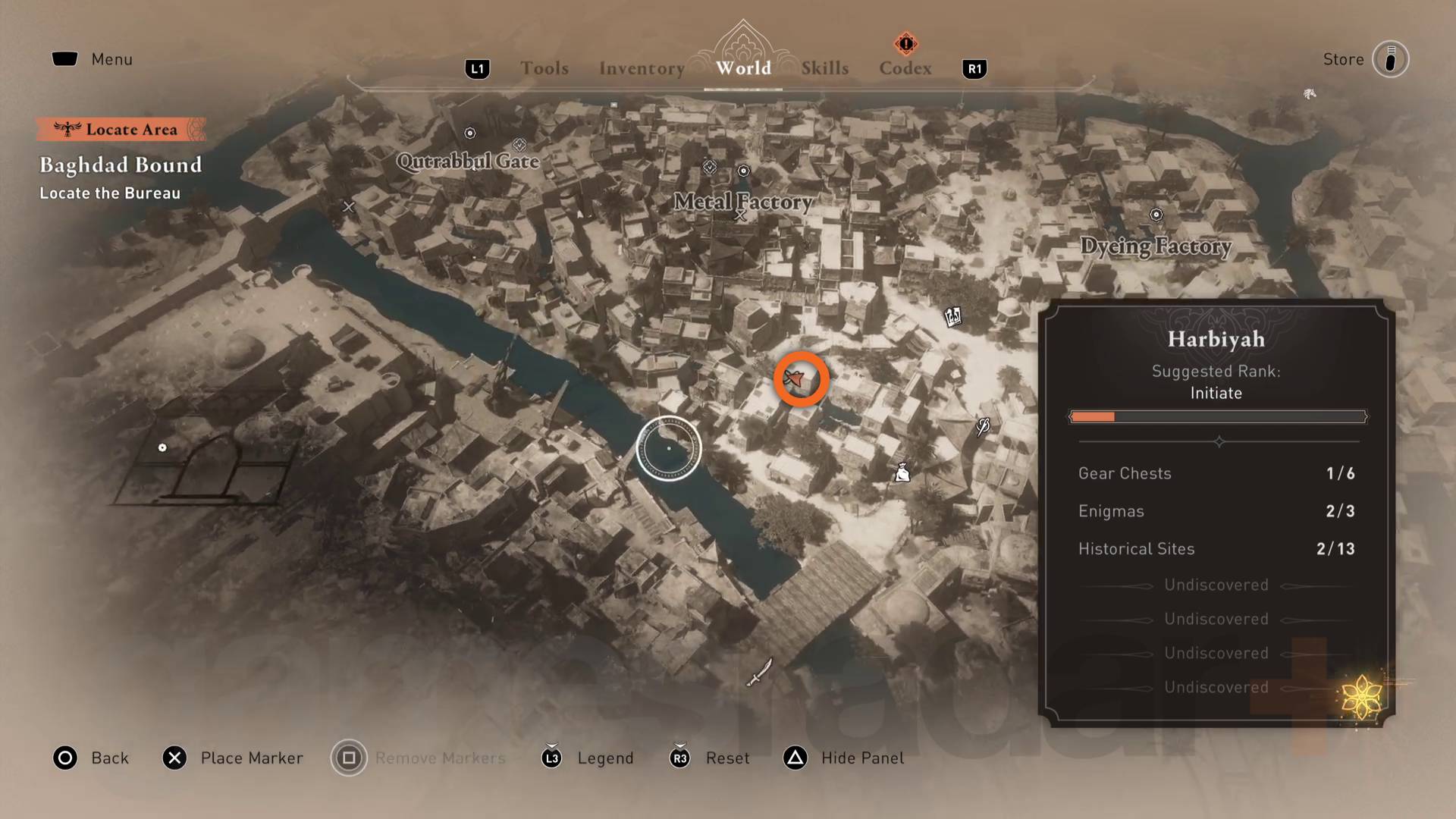 Umístění nápovědy k hře Assassin's Creed Mirage Left Behind Enigma vyznačené na mapě Bagdádu