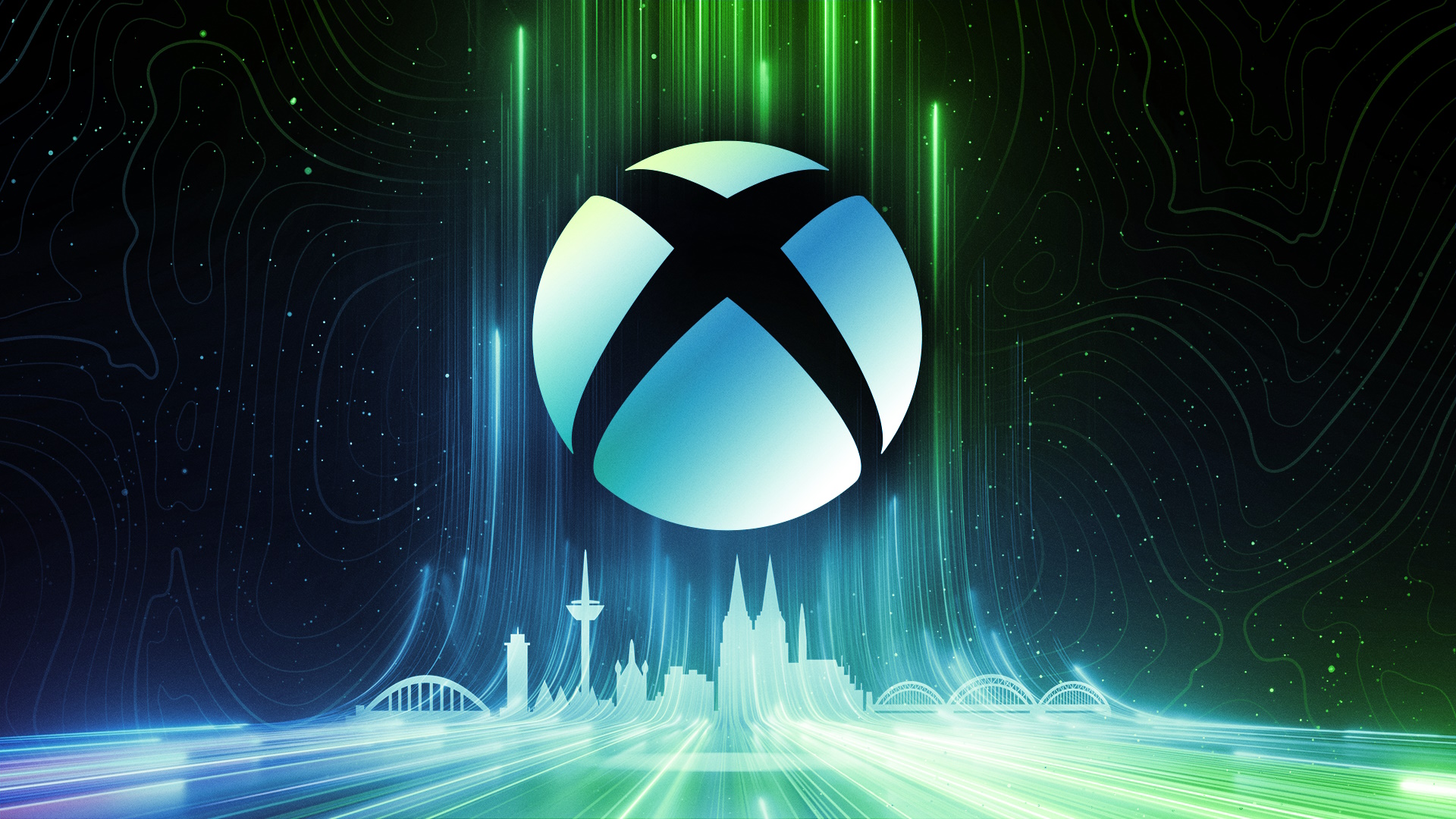 Logótipo da Xbox Gamescom 2023 com uma linha do horizonte de uma cidade estilizada a verde