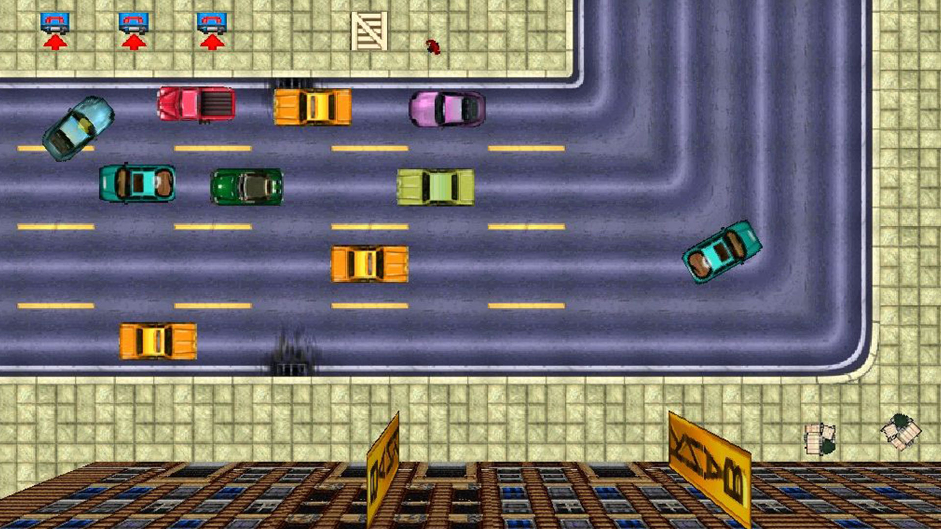 Pohled shora dolů na ulici v původní hře Grand Theft Auto