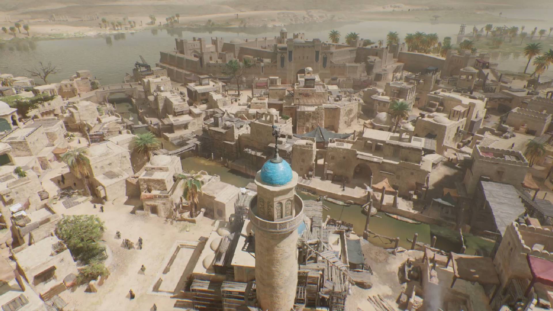 Assassin's Creed Mirage Basim تطفو على البرج مع إطلالة على بغداد