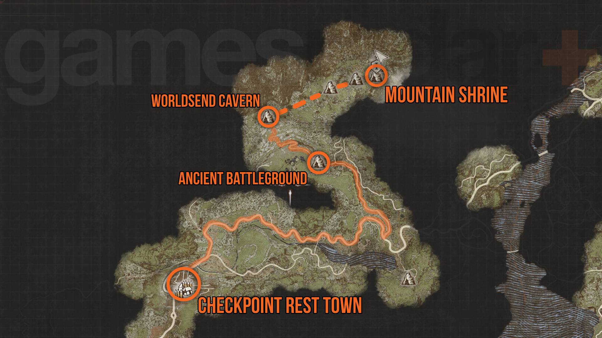 Mapa hádanek sfingy ve hře Dragon's Dogma 2 do horské svatyně