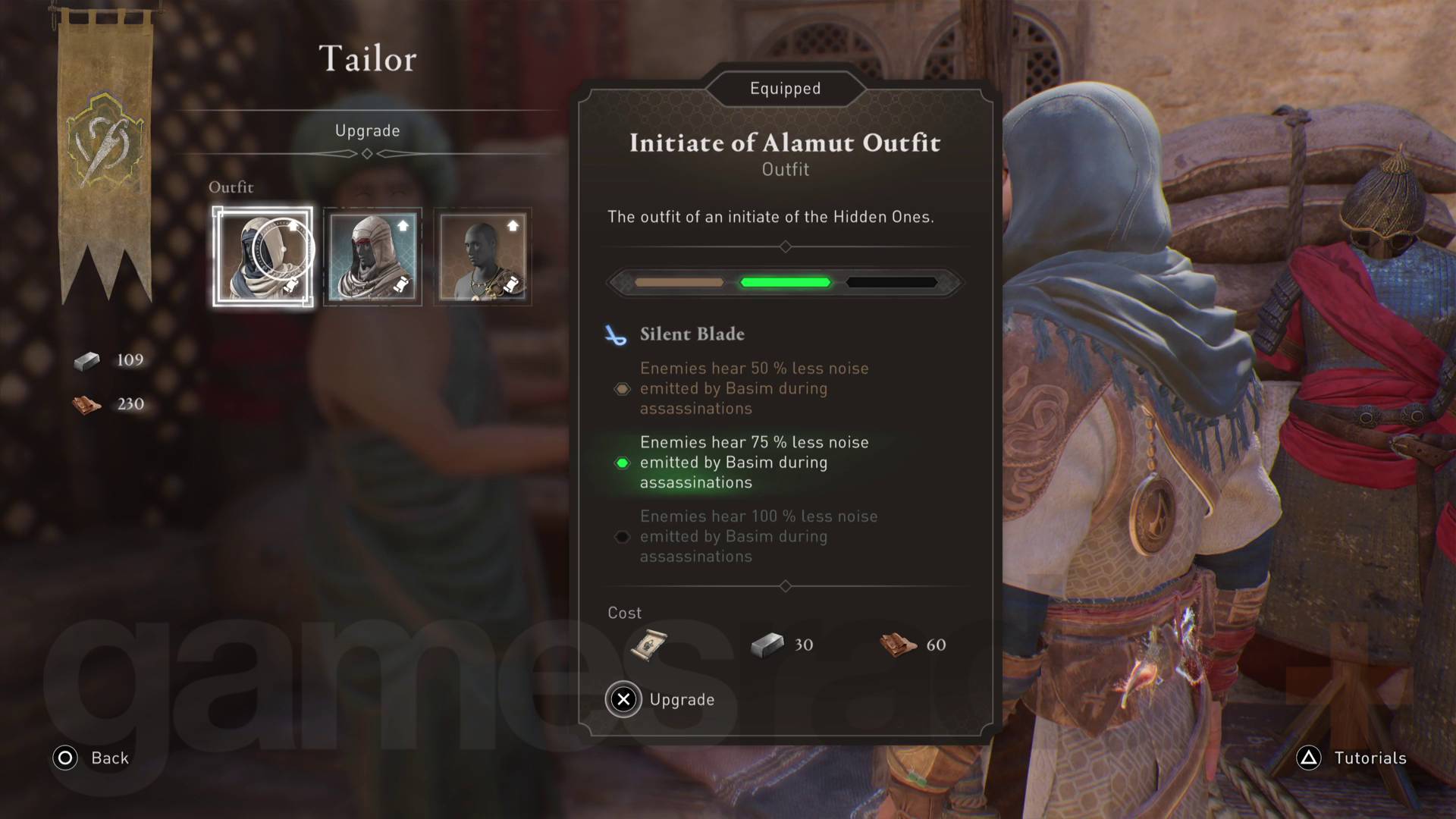 Assassin's Creed Mirage outfit upgrade menu bij kleermaker