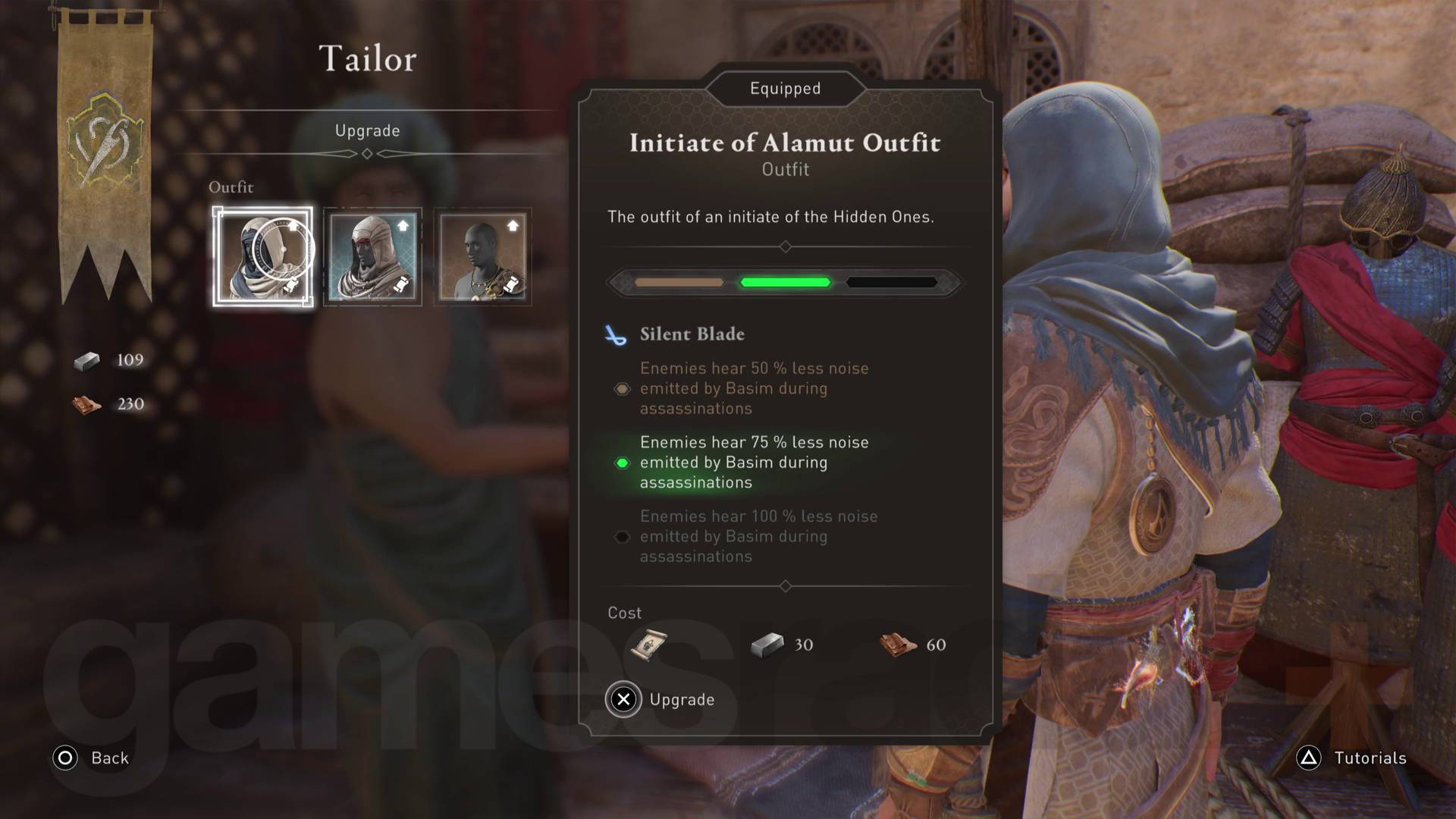 Assassin's Creed Mirage uppgraderingsmeny för kläder hos skräddare