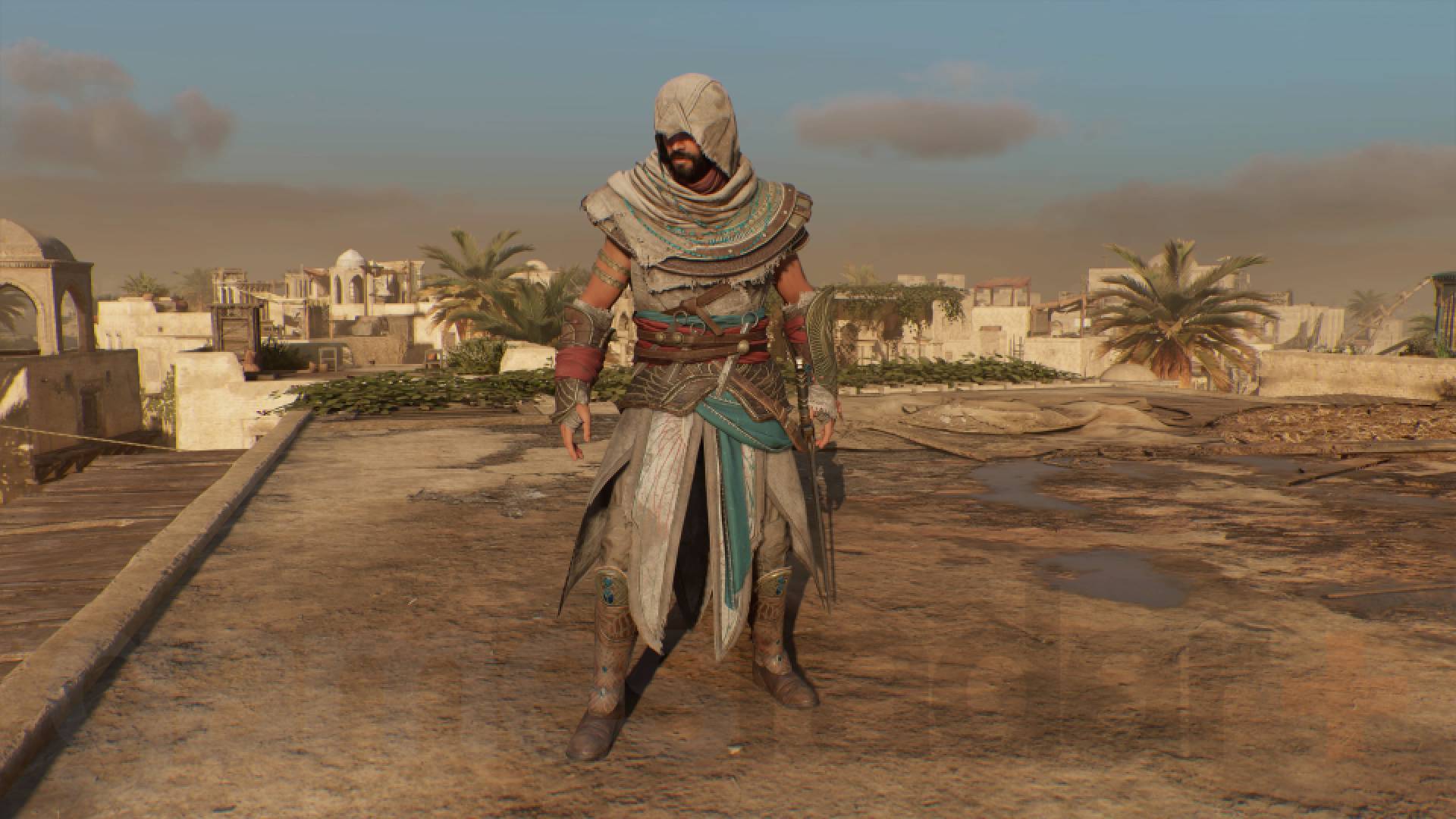 Assassin's Creed Mirage Basim vestindo roupa de um escondido