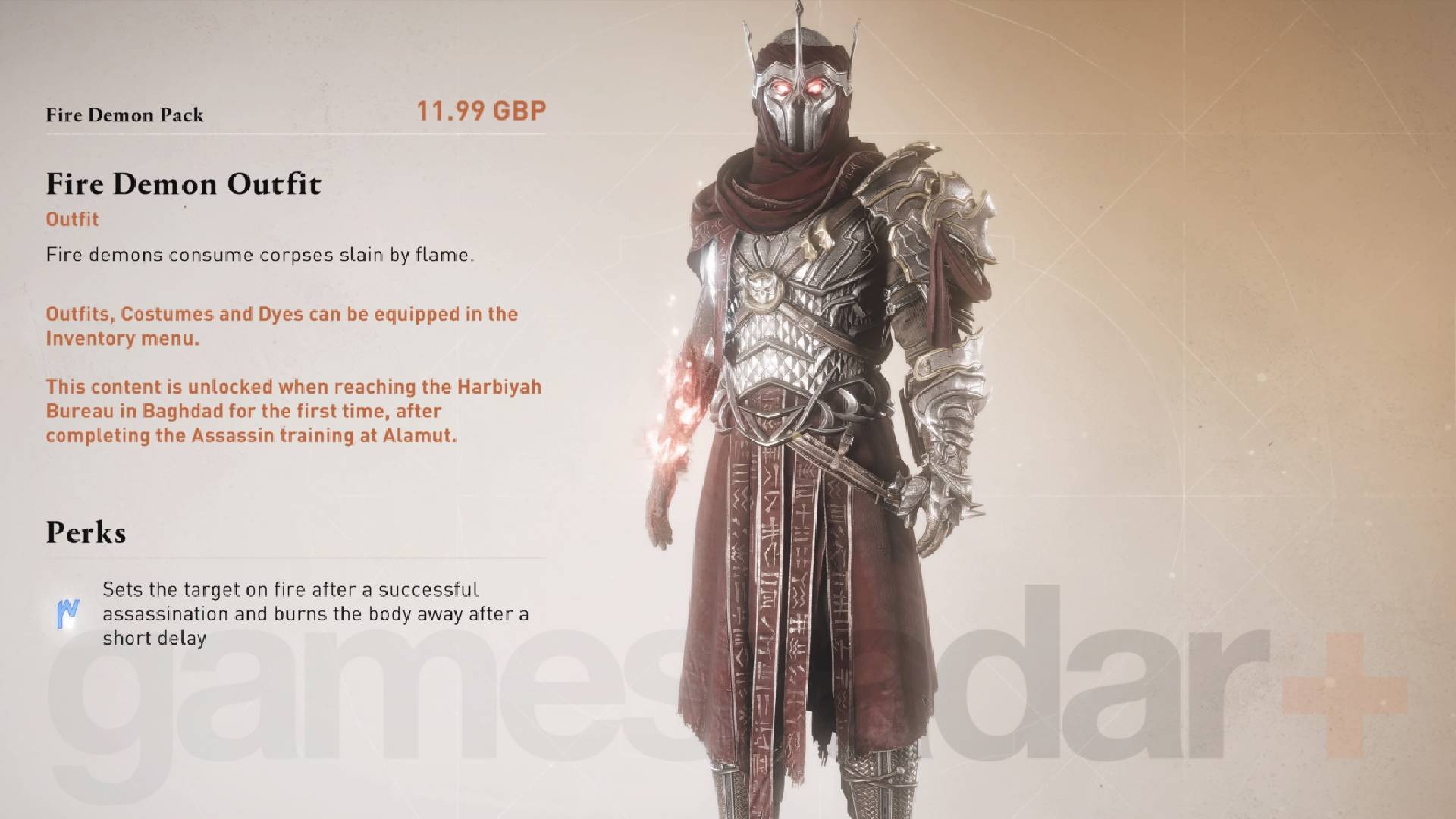 Assassin's Creed Mirage Mirage Basim purtând ținuta de demon de foc