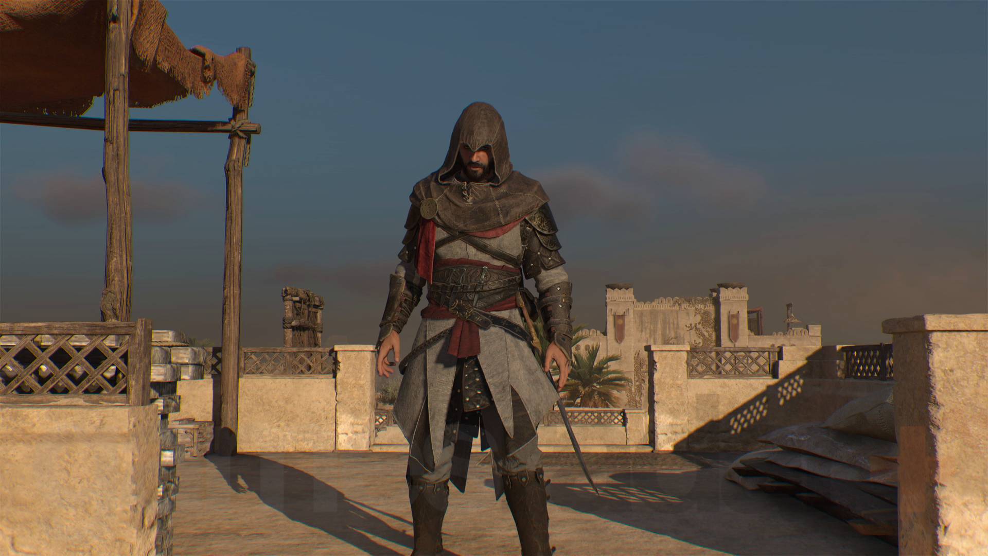 Assassin's Creed Mirage Basim pukeutunut vanhaan Basimin asuun.