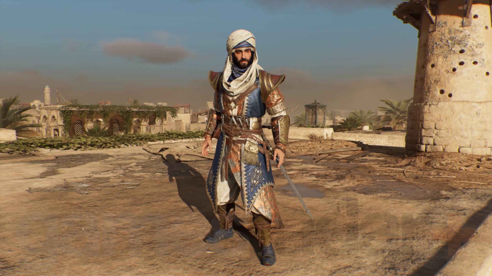 Assassin's Creed Mirage Basim con costume da mercante dell'Estremo Oriente