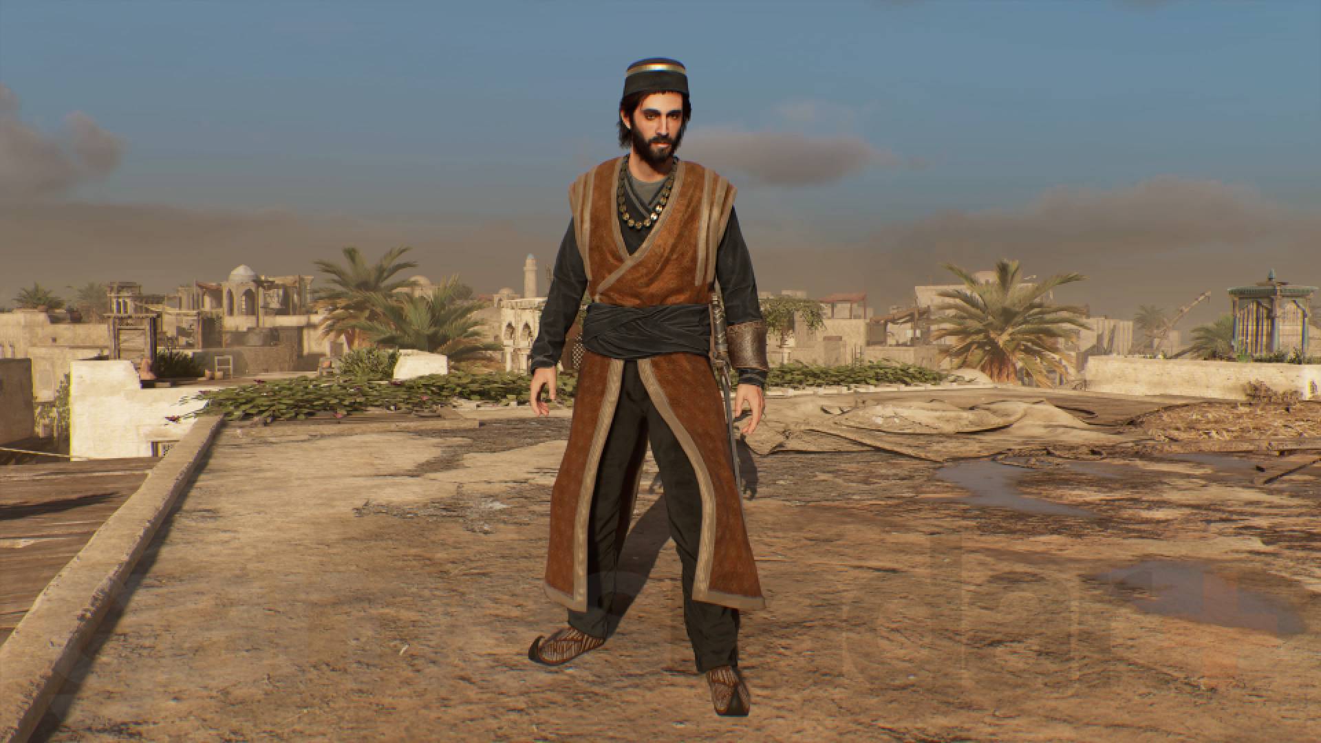 Assassin's Creed Mirage Basim iført evnukk-kostyme med tunika