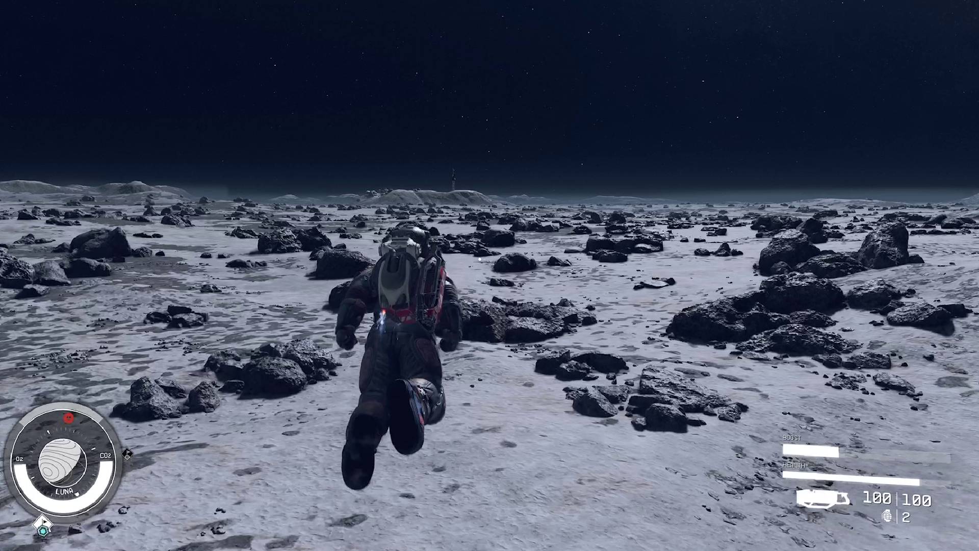 Hráč Starfield boostpacků používá boostpack k letu přes Měsíc